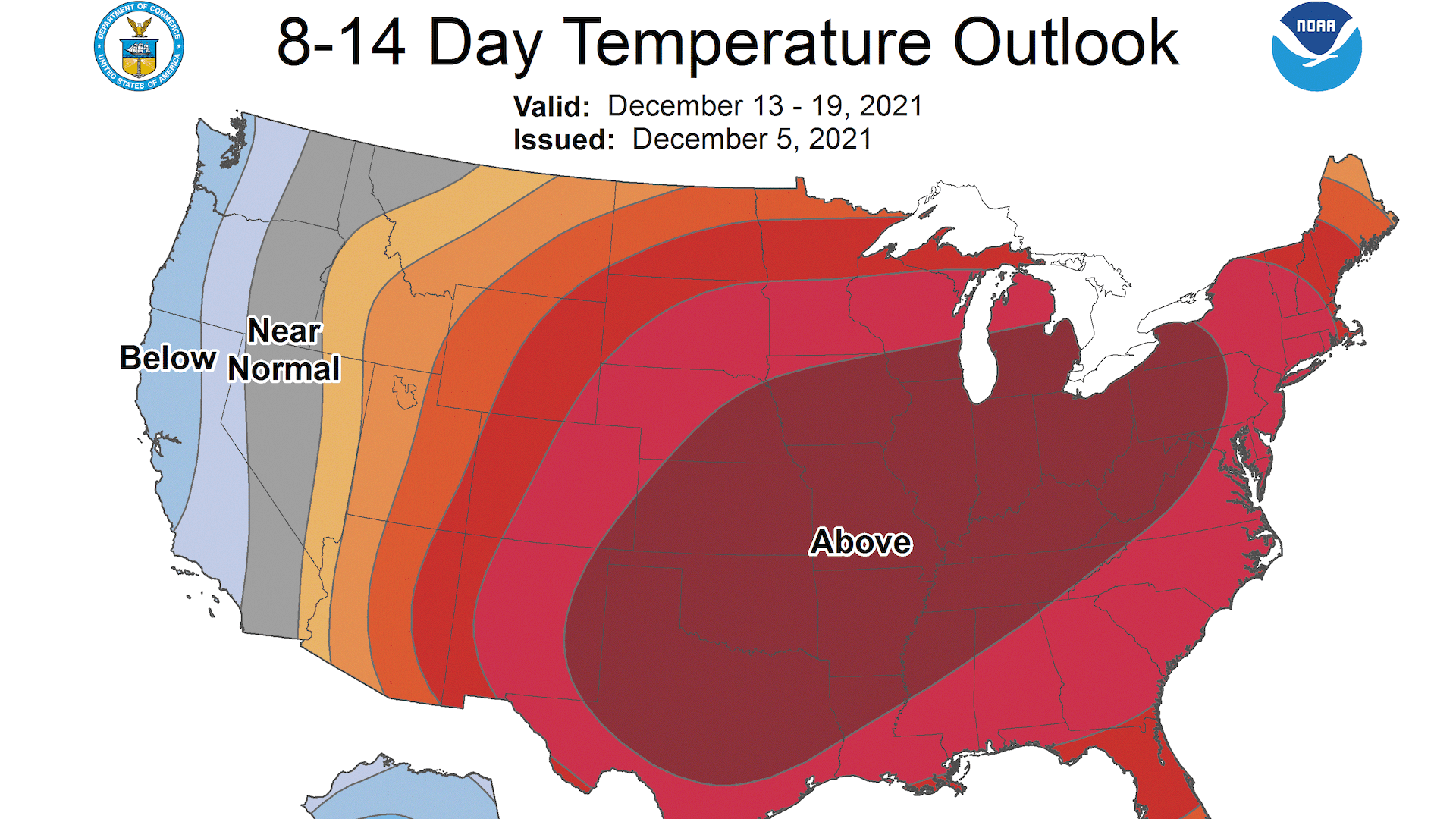 Map showing the odds of above average, average and below average temperatures across the U.S.