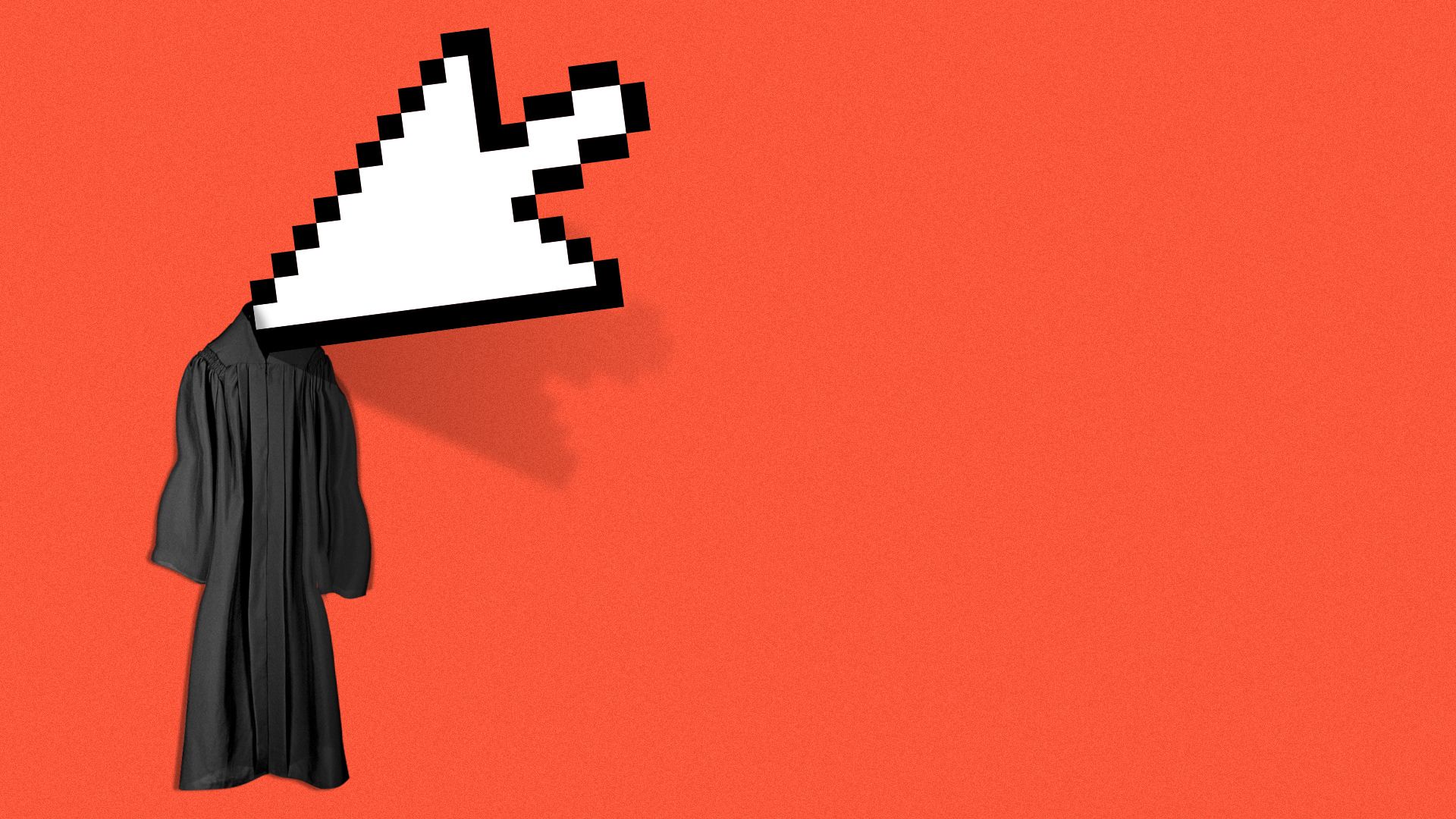 Illustration of a giant cursor piercing a judge robe to the wall. 