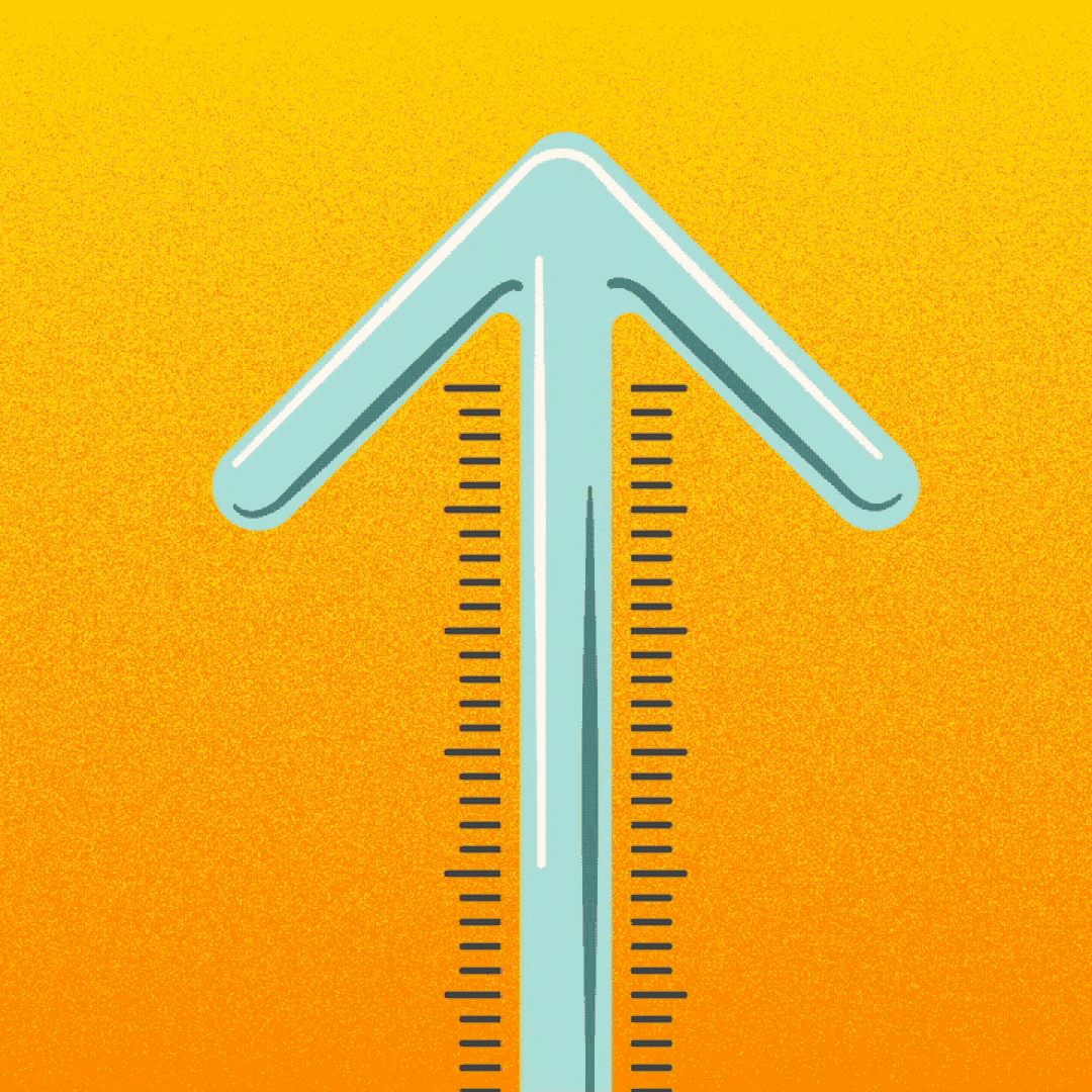 Illustration of a thermometer shaped like an upwards arrow, with the mercury rising.