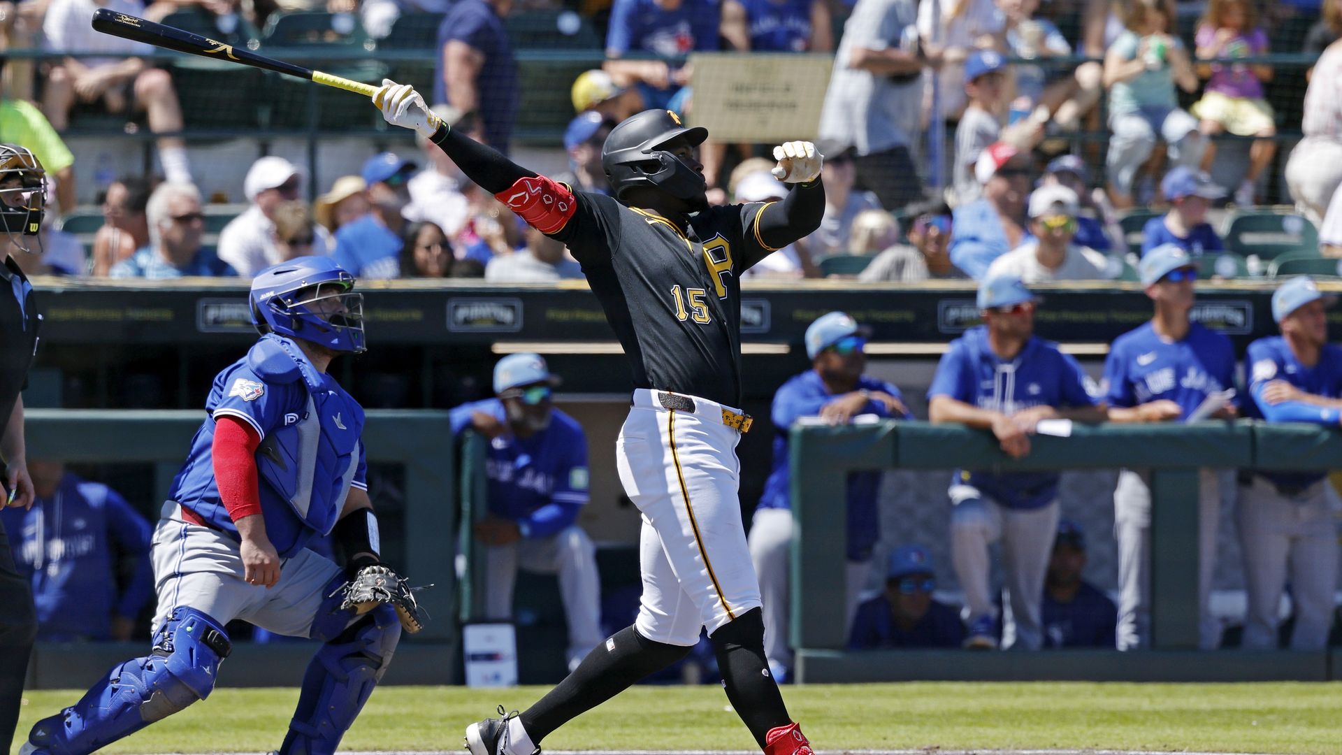 BRADENTON, FL - MARCH 21: Oneil Cruz (15) of the Pittsburgh Pirates bats during a spring training game against the Toronto Blue Jays on March 21, 2026 at LECOM Park in Bradenton, Florida. (Photo by Joe Robbins/Icon Sportswire via Getty Images)