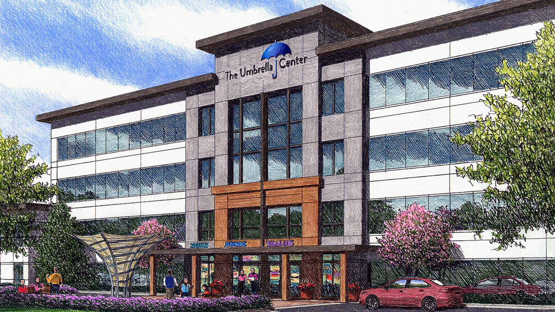 Rendering of a three-story building with signage that reads "The Umbrella Center"