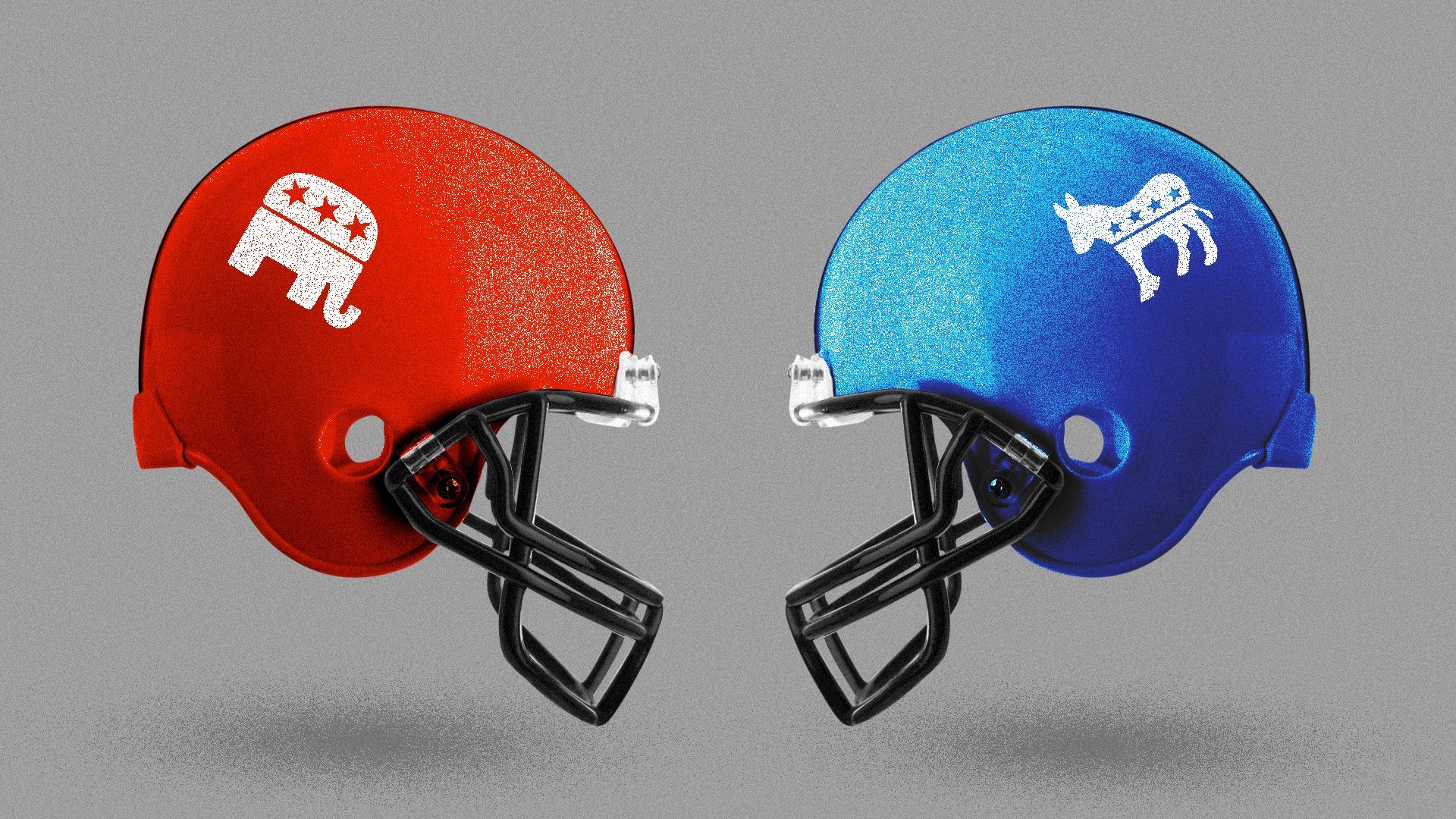 Illustration of two football helmets, one blue with the Democratic donkey and one red with the Republican elephant, facing off. 