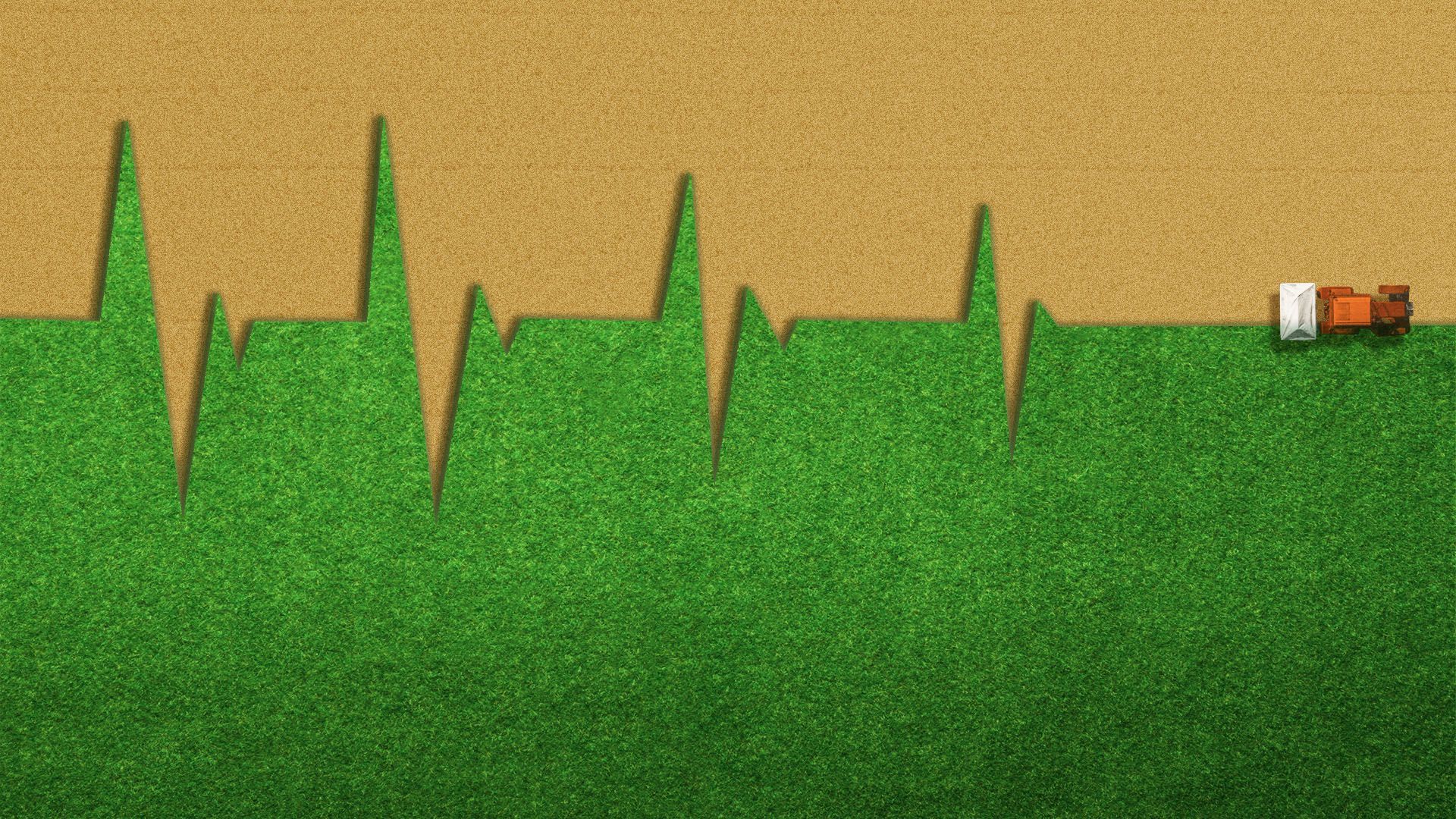 Illustration of a tractor plowing a field in the shape of a heart monitor that is petering out