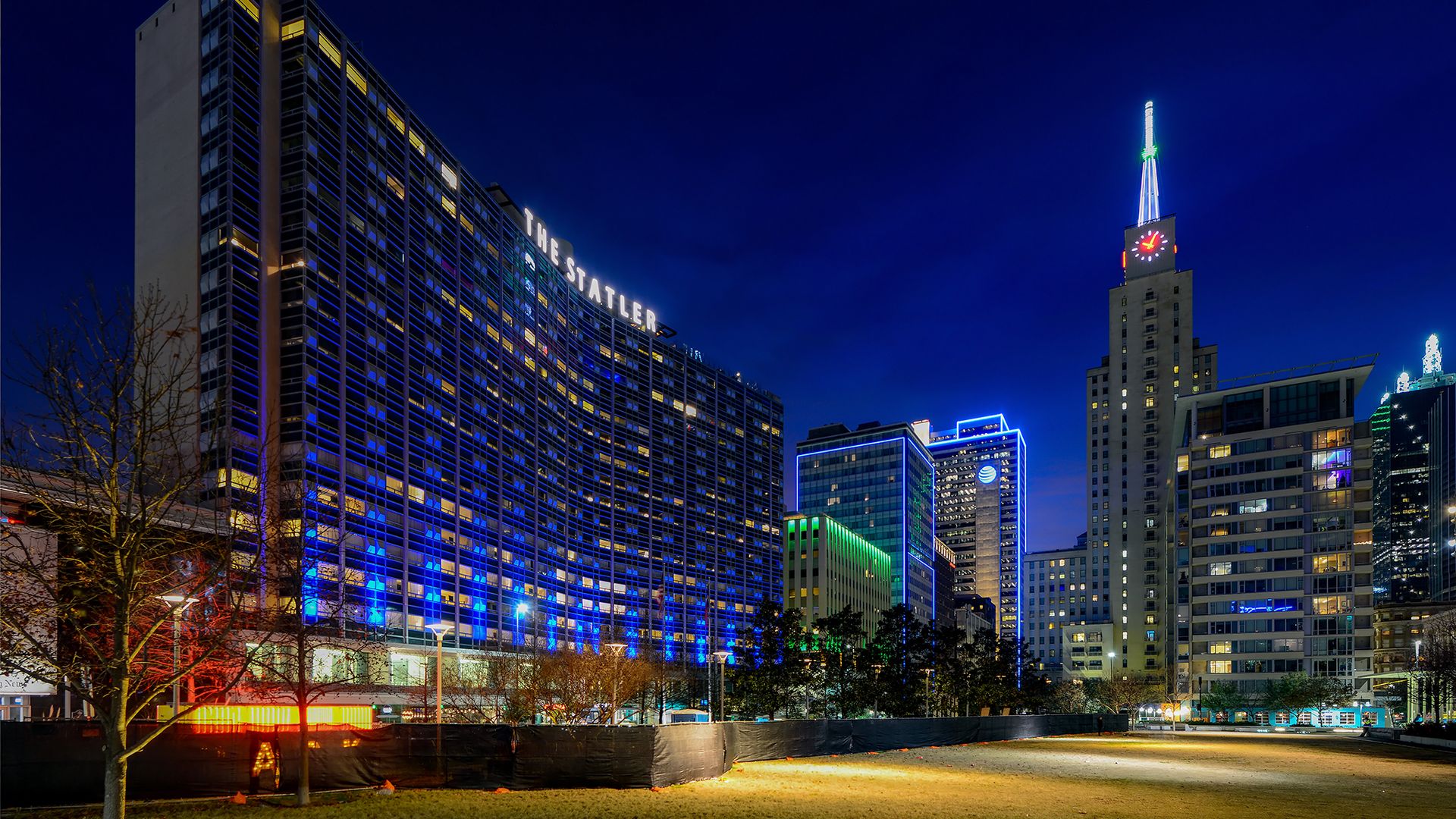 The Statler Hotel in Dallas, at night