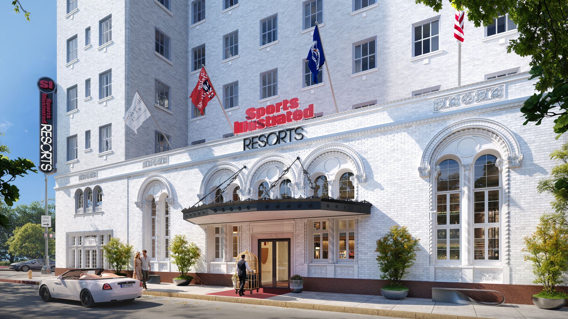 White brick resort building with arched windows, a dark canopy over the entrance, and a red "Sports Illustrated RESORTS" sign. Flags fly above; a white convertible and pedestrians are outside.