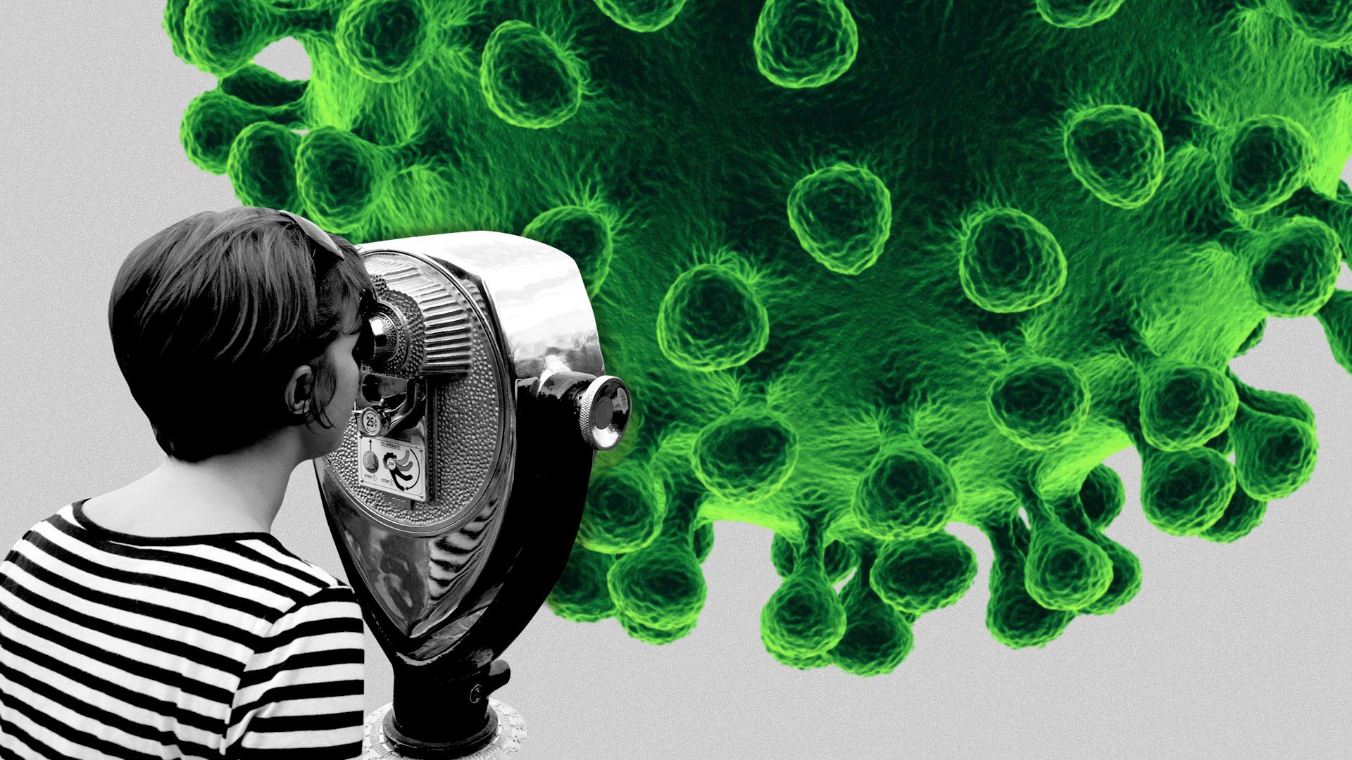 Illustration of a woman looking through coin-operated binoculars at a large coronavirus