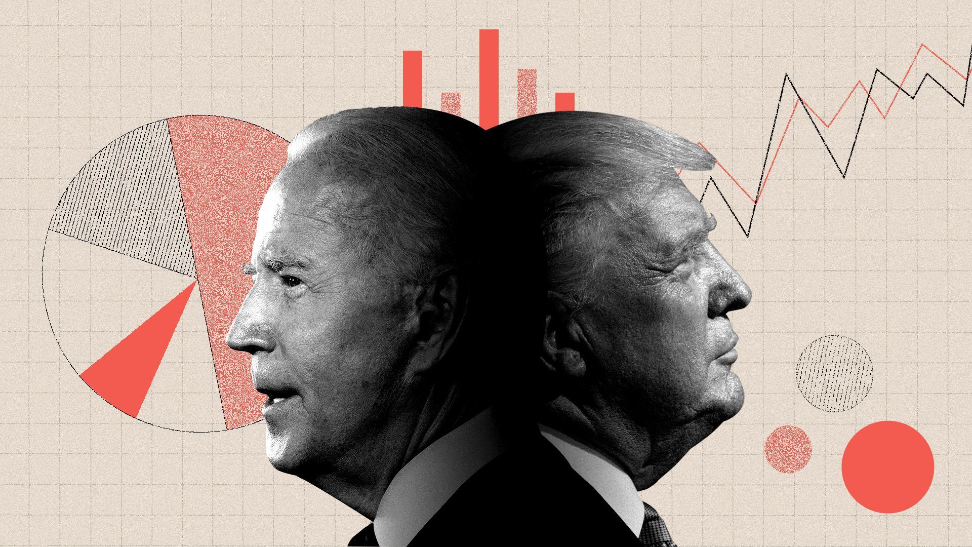 Photo illustration of President Trump and Joe Biden surrounded by data visualizations. 