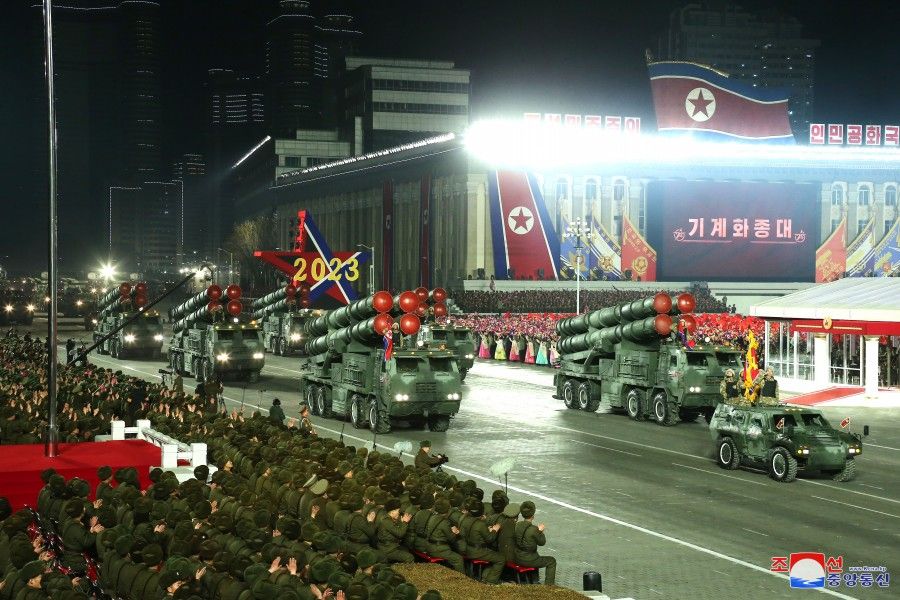 North Korean tanks carrying missiles during Pyongyang foundation anniversary celebrations on Wednesday.