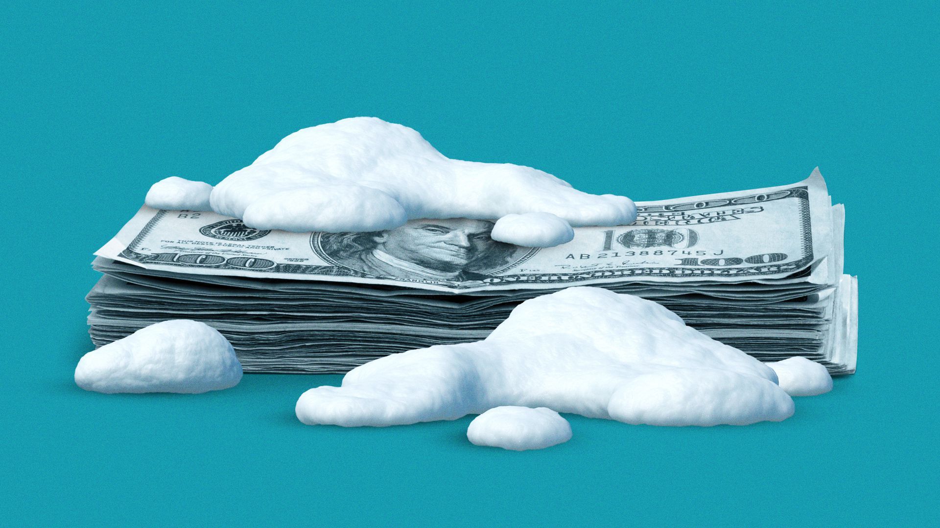 Image of a stack of $100 bills with snow on it.