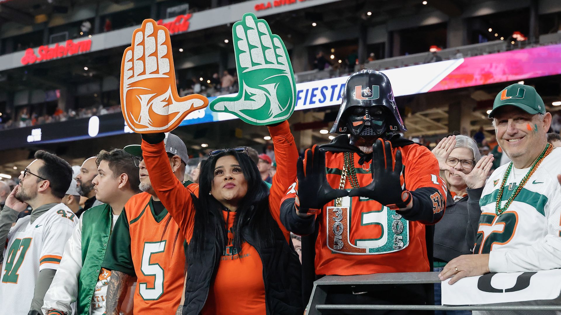 GLENDALE, AZ - JANUARY 08: Miami Hurricanes fans cheer before the Miami Hurricanes versus Ole Miss Rebels College Football Playoff Semifinal at the VRBO Fiesta Bowl on January 8, 2026 at State Farm Stadium in Glendale, Arizona. (Photo by Kevin Abele/Icon Sportswire via Getty Images)
