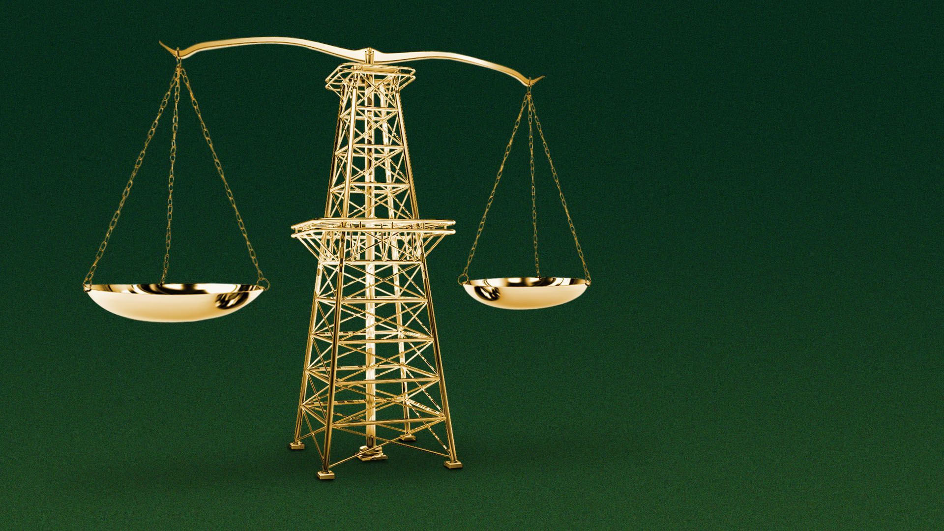an illustration of a gold metal scales of justice and the middle support is an oil derrick 