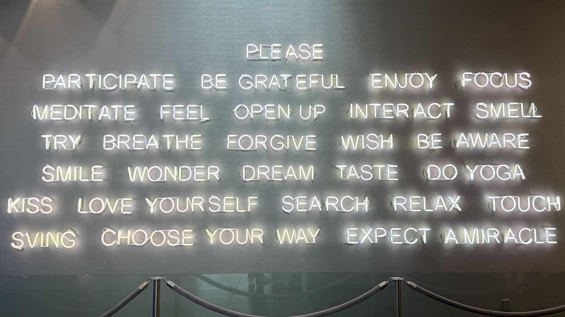 Brushed metal wall with rows of neon white words: PLEASE centered above. Phrases include PARTICIPATE, BE GRATEFUL, ENJOY, FOCUS, MEDITATE, FEEL, OPEN UP, INTERACT, SMELL, TRY, BREATHE, FORGIVE, SMILE, DREAM, DO YOGA.