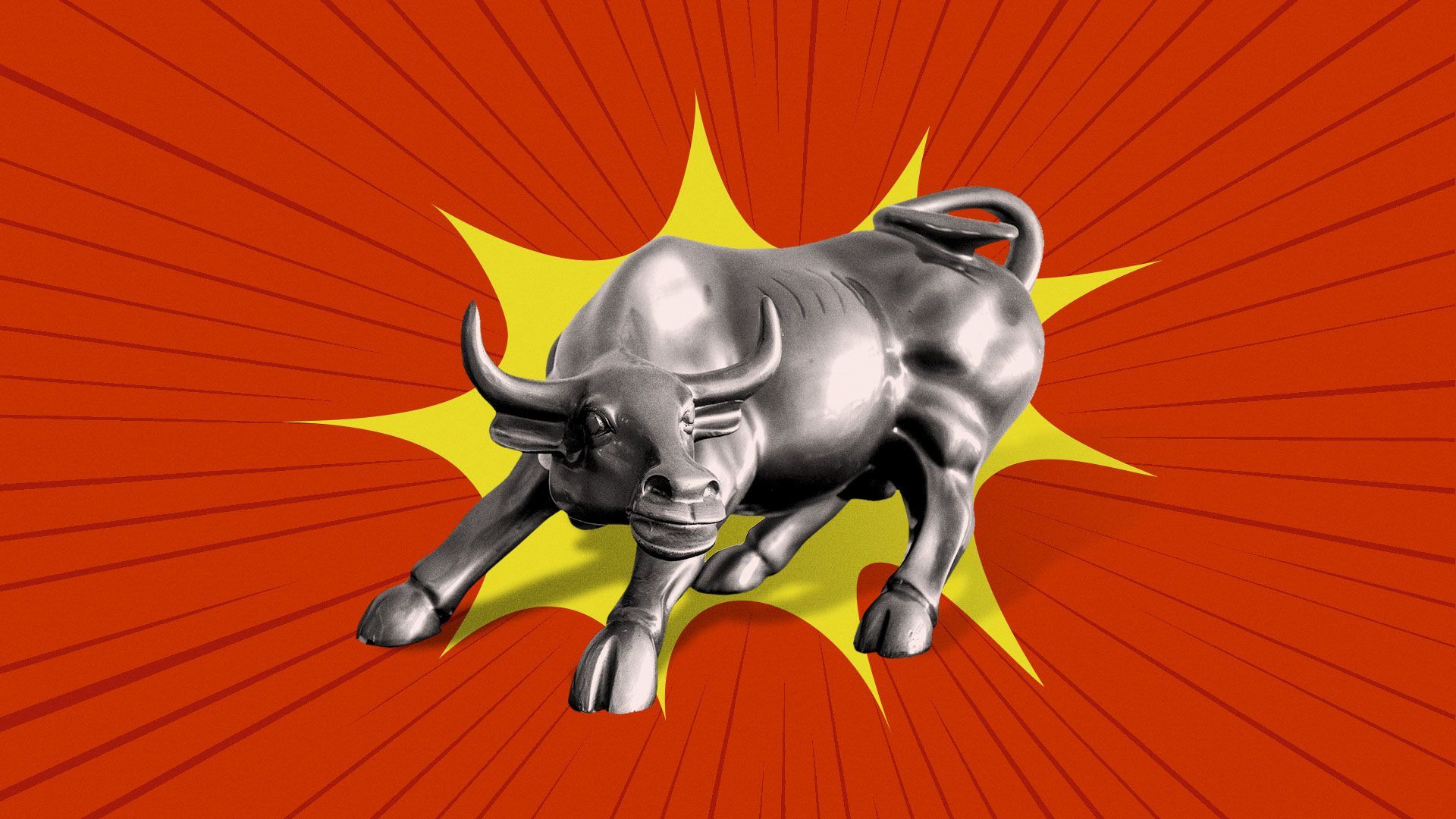 Illustration of Wall Street bull with a explosion behind it