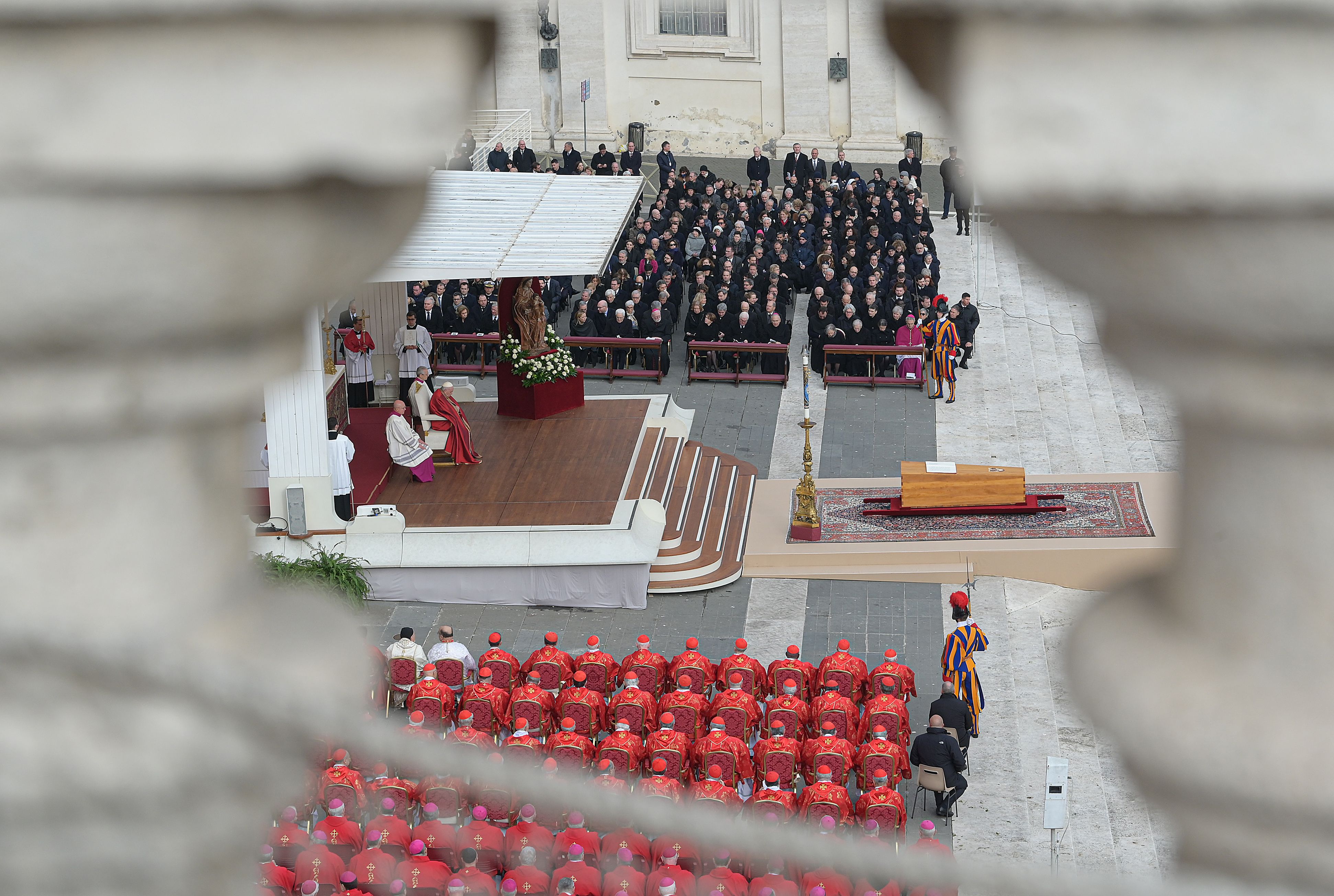 Pope Francis attends the funeral mass of Pope Emeritus Benedict XVI at St. Peter's Square in the Vatican, on January 5, 2023.