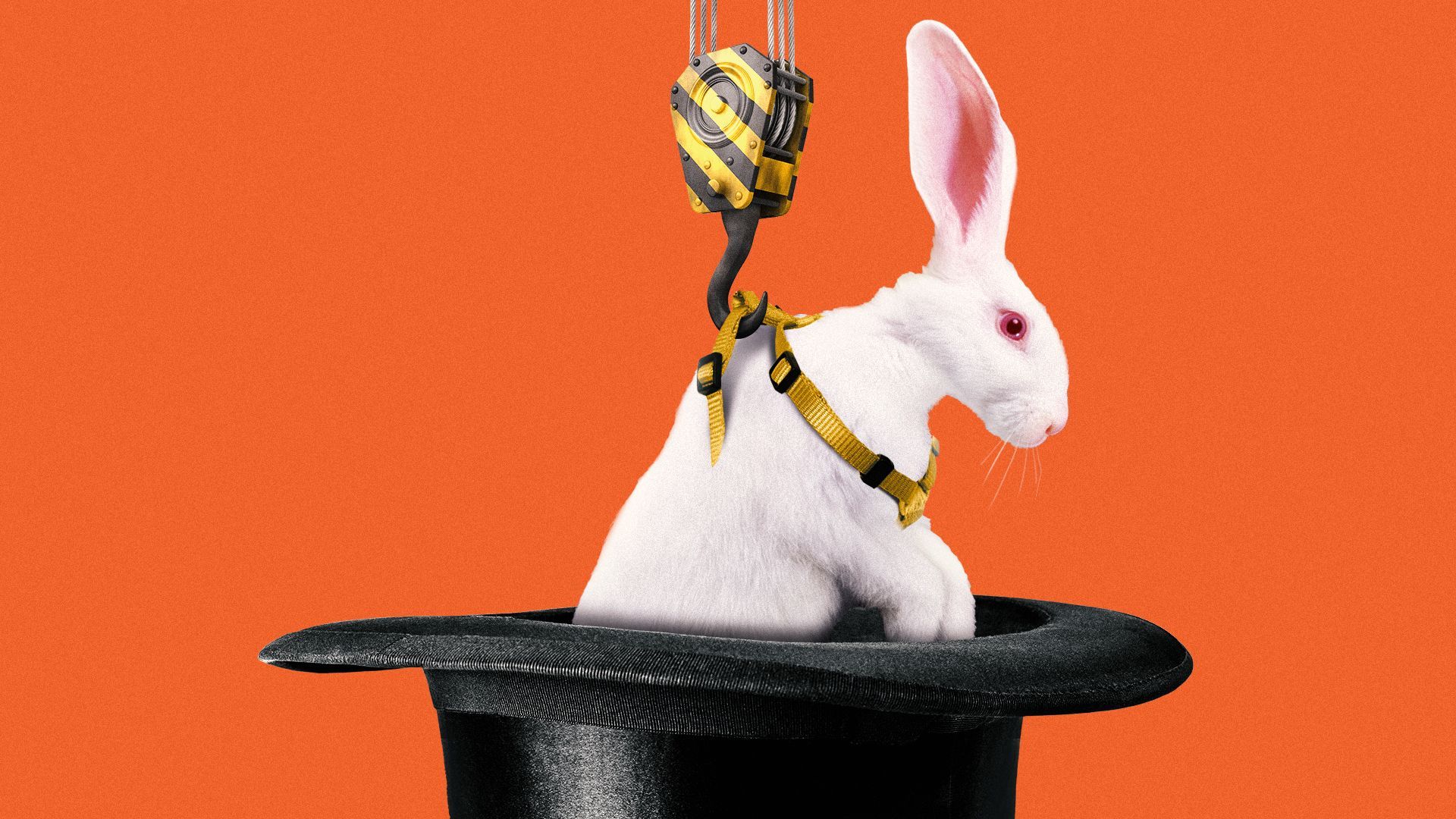 Illustration of a crane hook lifting a rabbit out of a top hat.