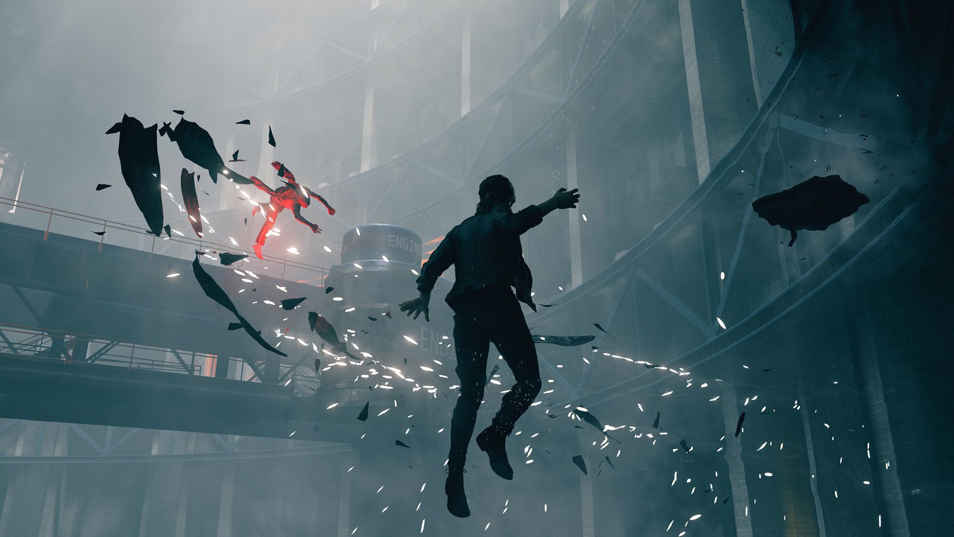 Video game screenshot of a women floating in the air
