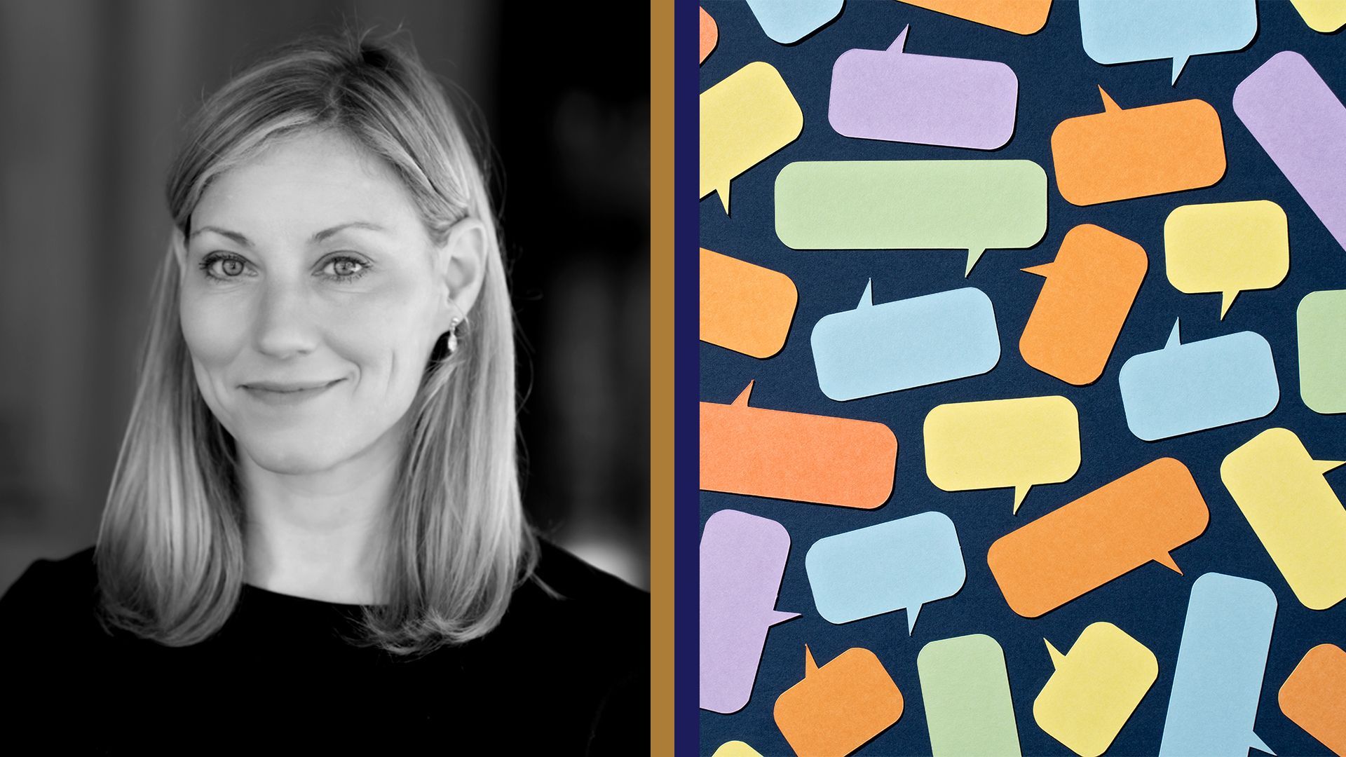 Photo illustration of Atomic's head of communications and marketing, Hadley Wilkins, next to a pattern of speech bubbles.