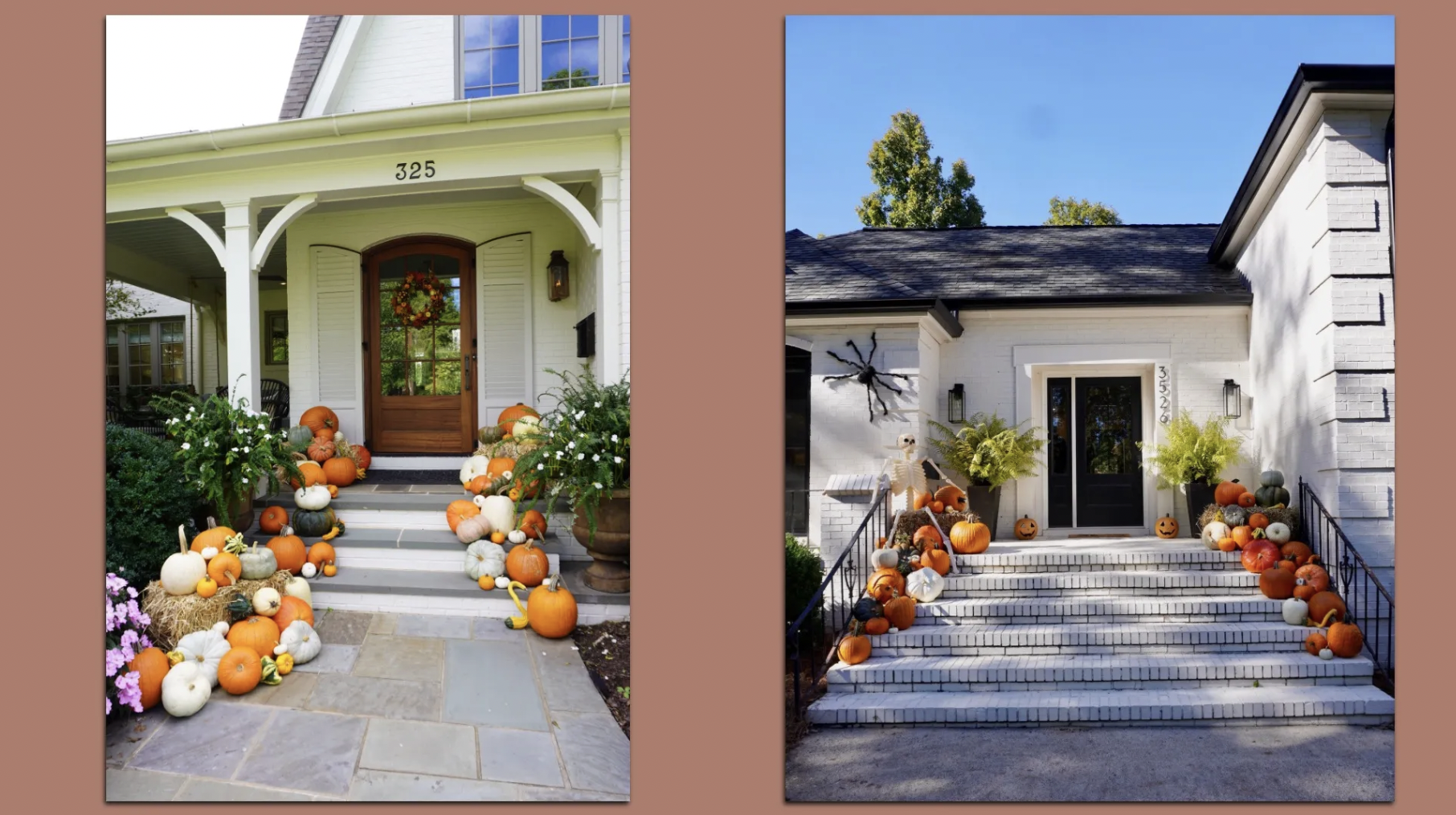 Two white houses with stairs decorated for fall. Both have many pumpkins in orange, white, and green shades. Left porch has hay bales; right porch has a skeleton and a large fake spider.