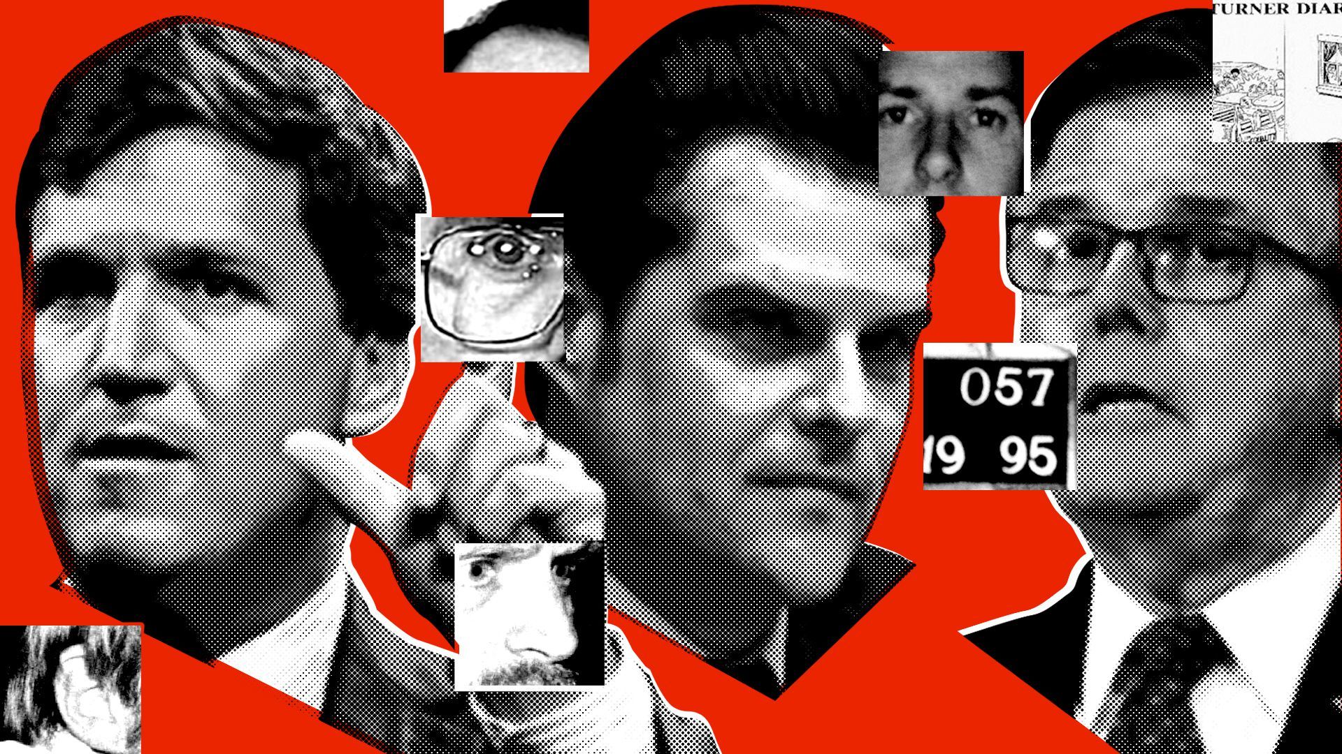 Photo illustration of Tucker Carlson, Lt. Gov. Dan Patrick, and U.S. Rep. Matt Gaetz overlaid with photos of Timothy McVeigh, Terry Nichols, David Lane, and The Turner Diaries. 