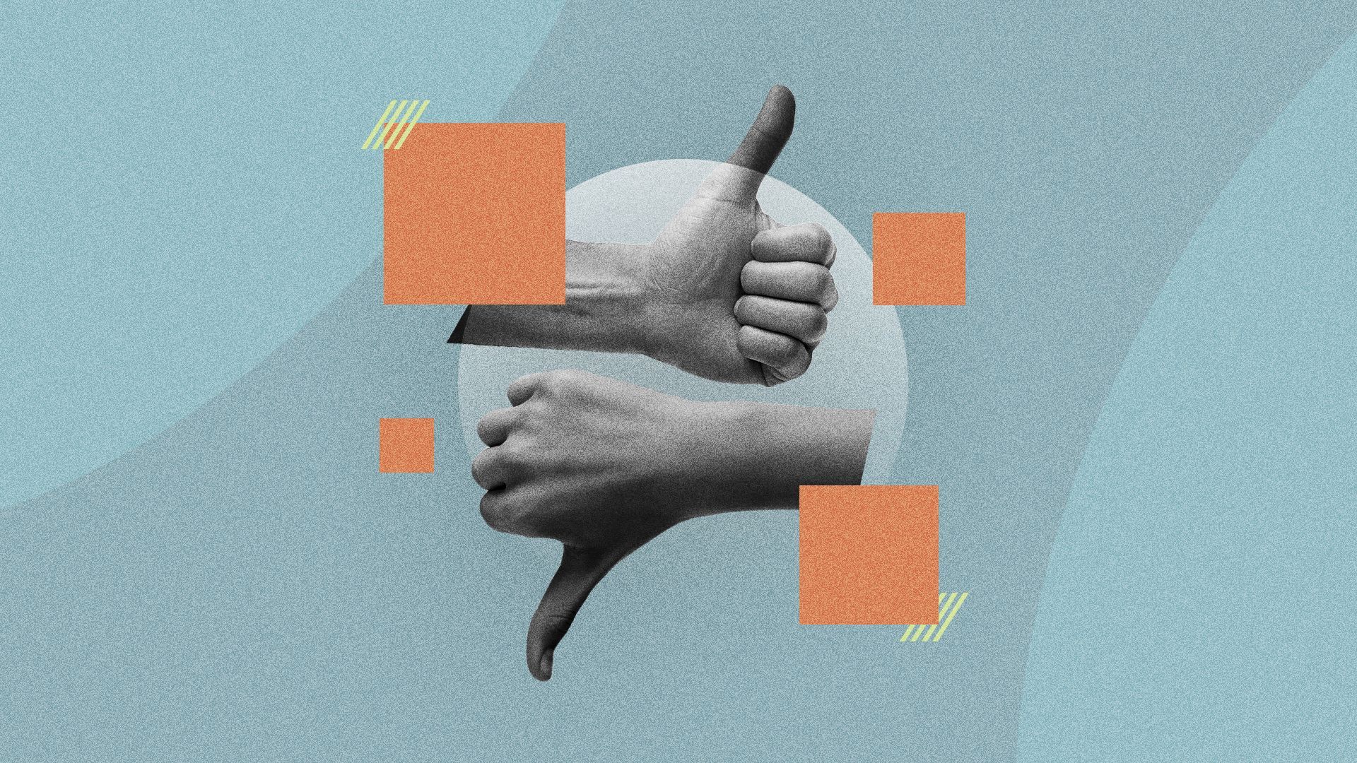 an illustration of a thumbs up and a thumbs down hand surrounded by rectangles and round shapes