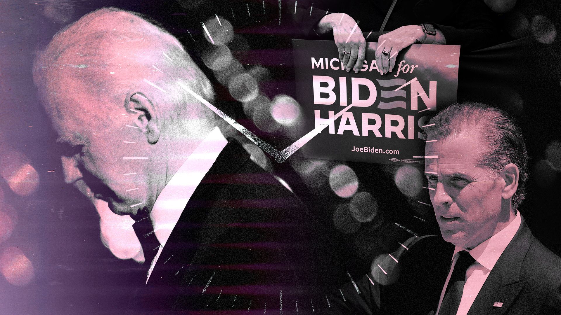 Photo illustration of President Joe Biden, Hunter Biden, a Biden-Harris campaign sign and a clock.