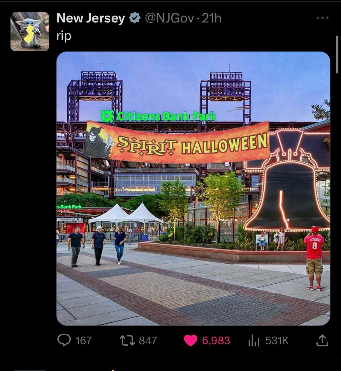 A screenshot of the Spirit Halloween sign imposed over Citizens Bank Park. It was a tweet from New Jersey's official Twitter account, ribbing Phillies fans after the team lost Game 7.
