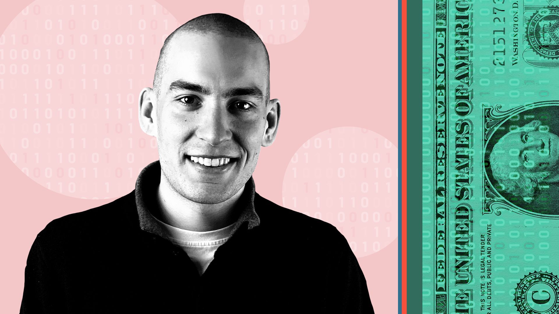 Photo illustration of Centrifuge CEO Lucas Vogelsang surrounded by shapes, binary code, and money