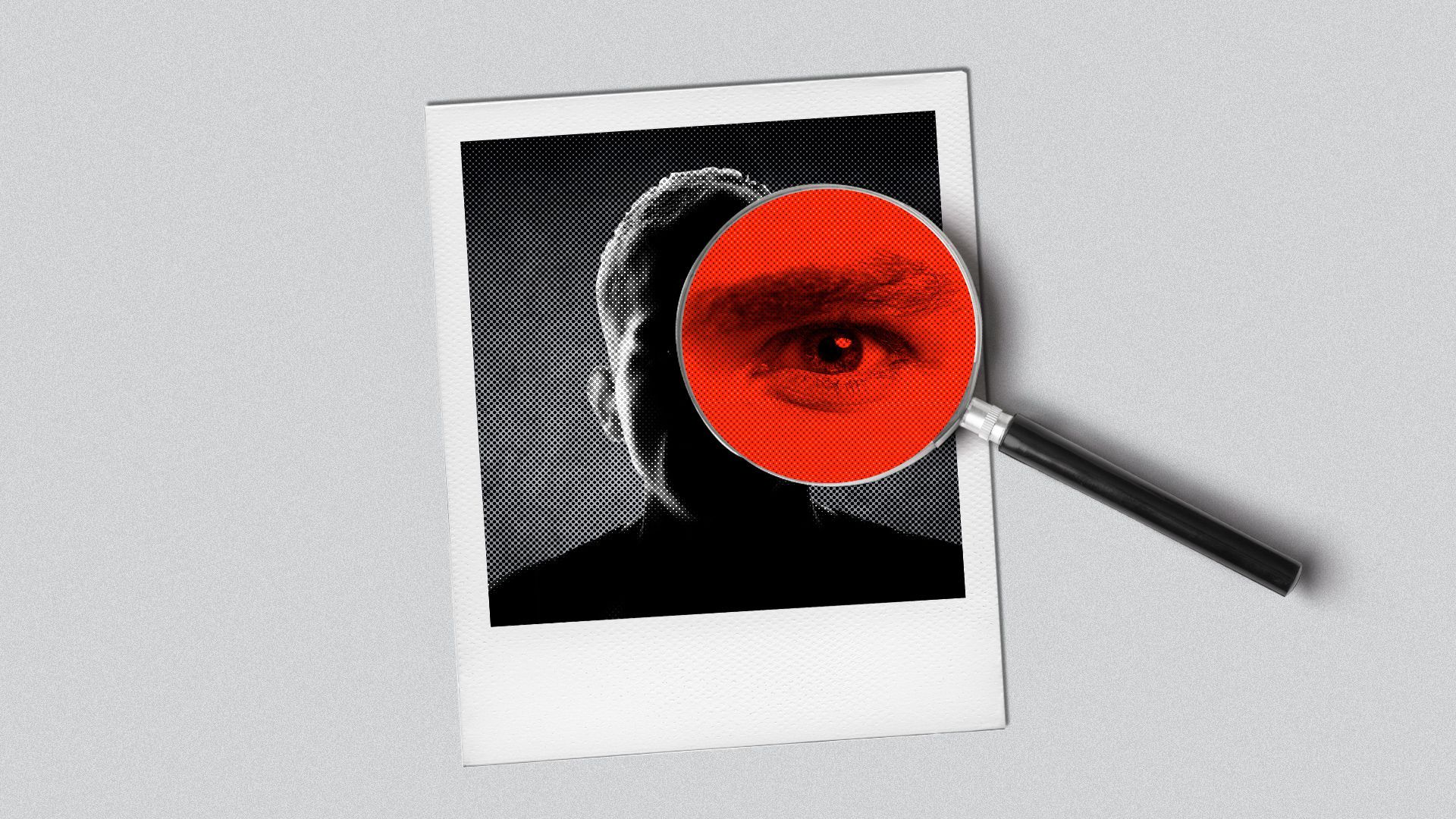 Illustration of a photograph of a shadowy figure with a magnifying glass revealing an eye. 