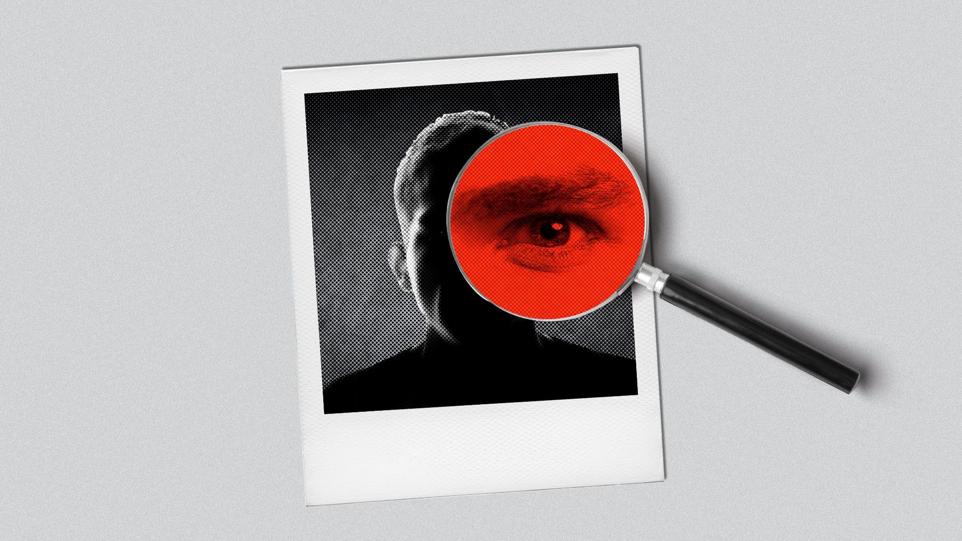 Illustration of a photograph of a shadowy figure with a magnifying glass revealing an eye.