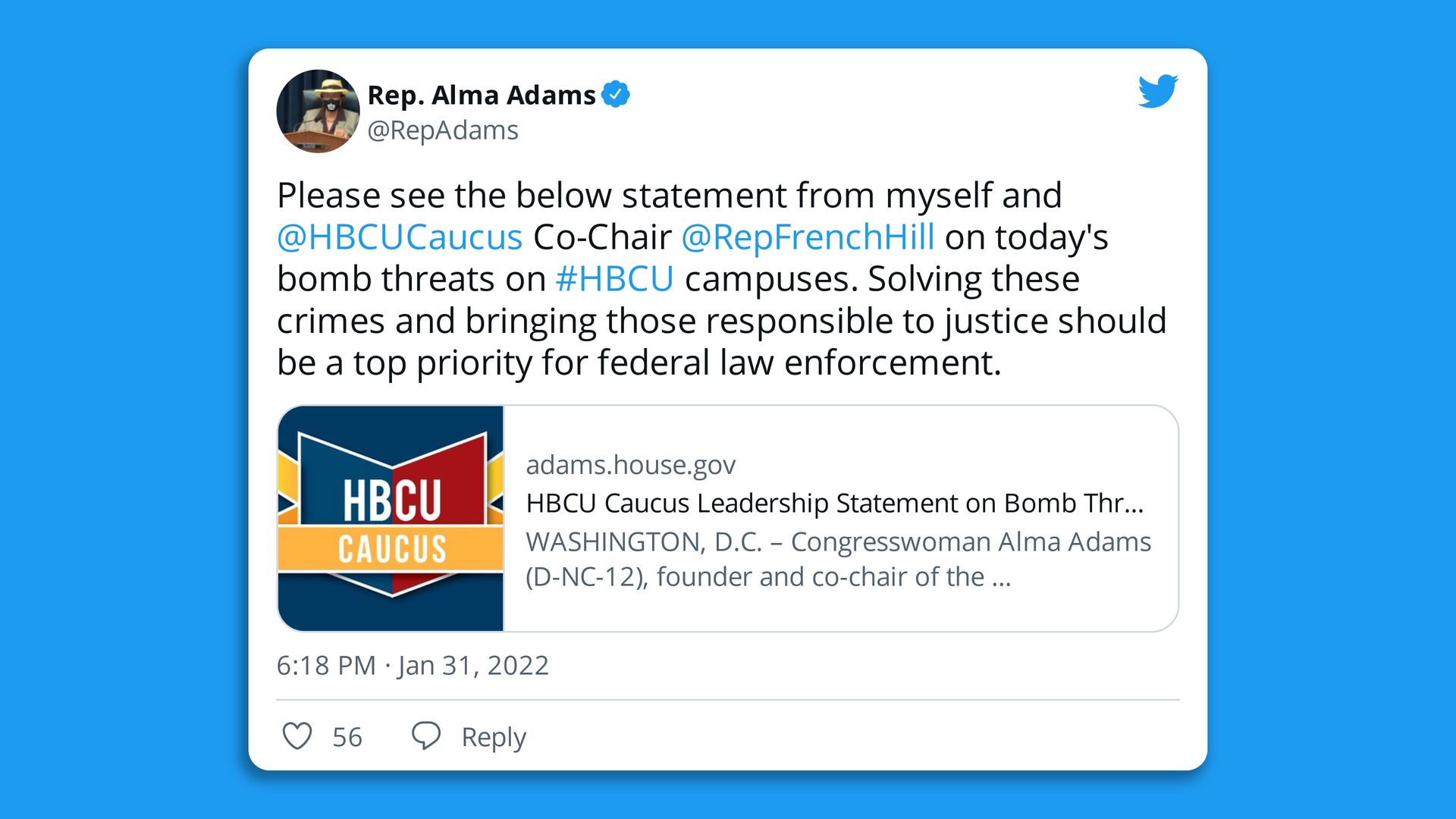 Screenshot of a tweet from Rep. Alma Adams