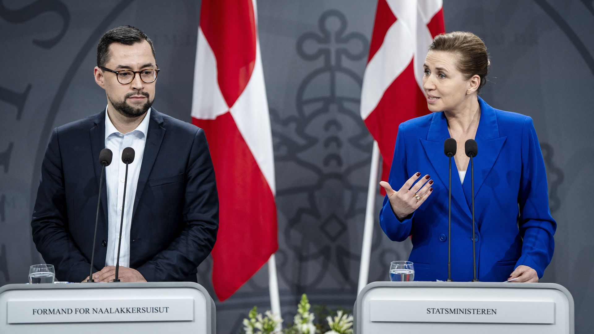  Denmark's Prime Minister Mette Frederiksen and Chairman of Naalakkersuisut in Greenland Mute B Egede hold a press conference in Copenhagen on January 10, 2025, amid the current remarks of the US president-elect. 