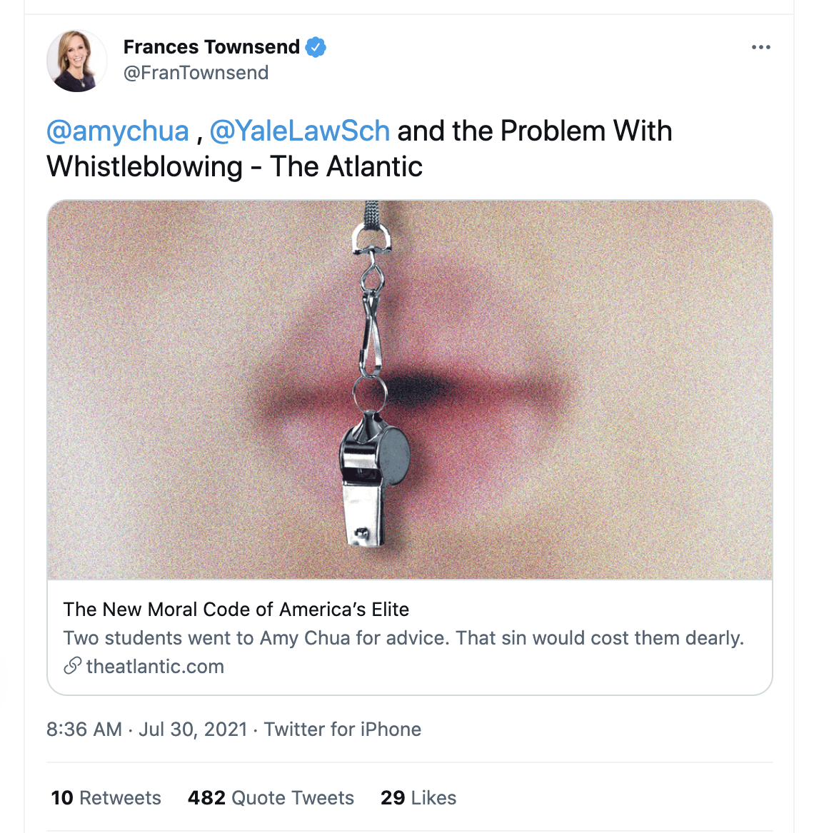 Screenshot of a tweet from Activision's Frances Townsend. The tweet showed an article about "the problem with whistleblowing."