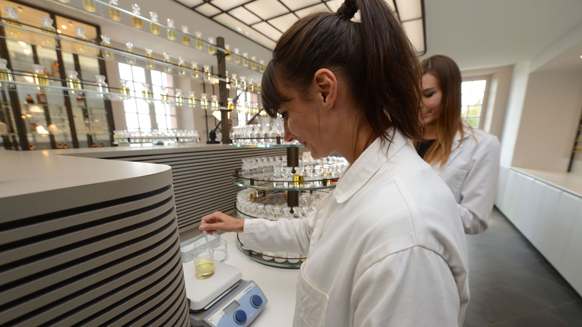 Technicians work in Dior and Louis Vuitton's new creative perfume workshop "Les Fontaines Parfumees" during its opening in Grasse on September 15, 2016. 