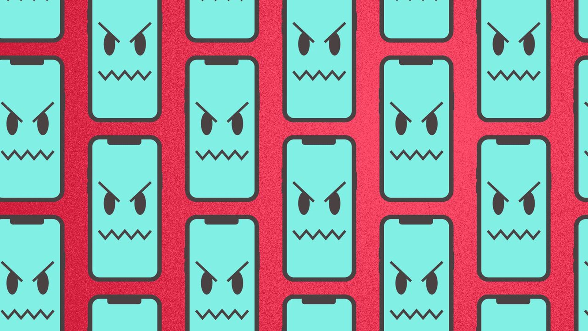 Illustration of a smartphone with an angry face multiplying into many smartphones.