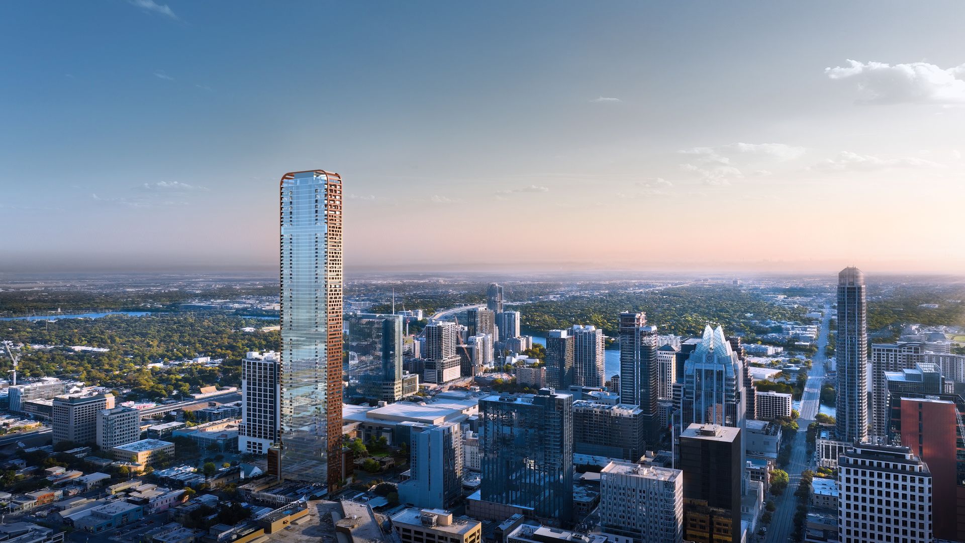 A rendering of the Wilson Tower, looming over downtown Austin.