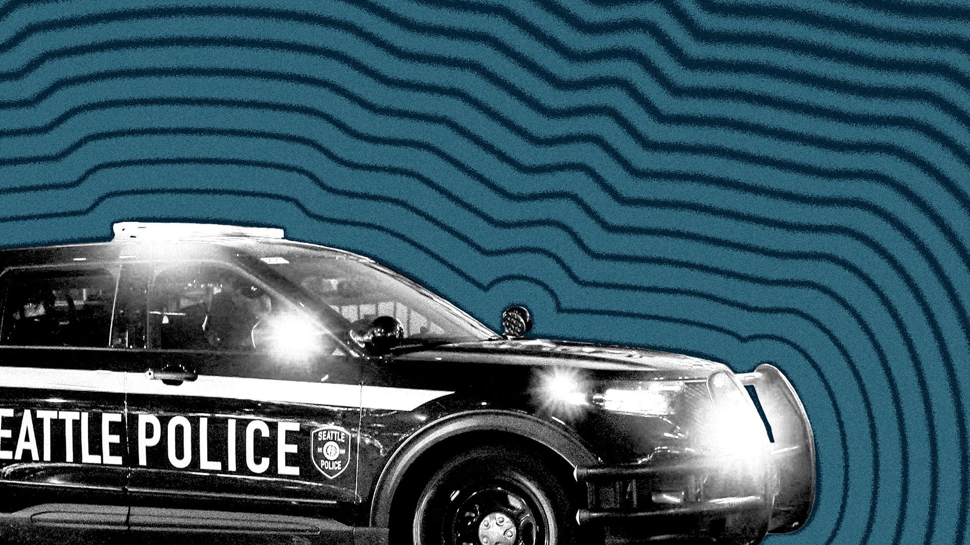 Photo illustration of a Seattle Police cruiser with lines radiating from it.