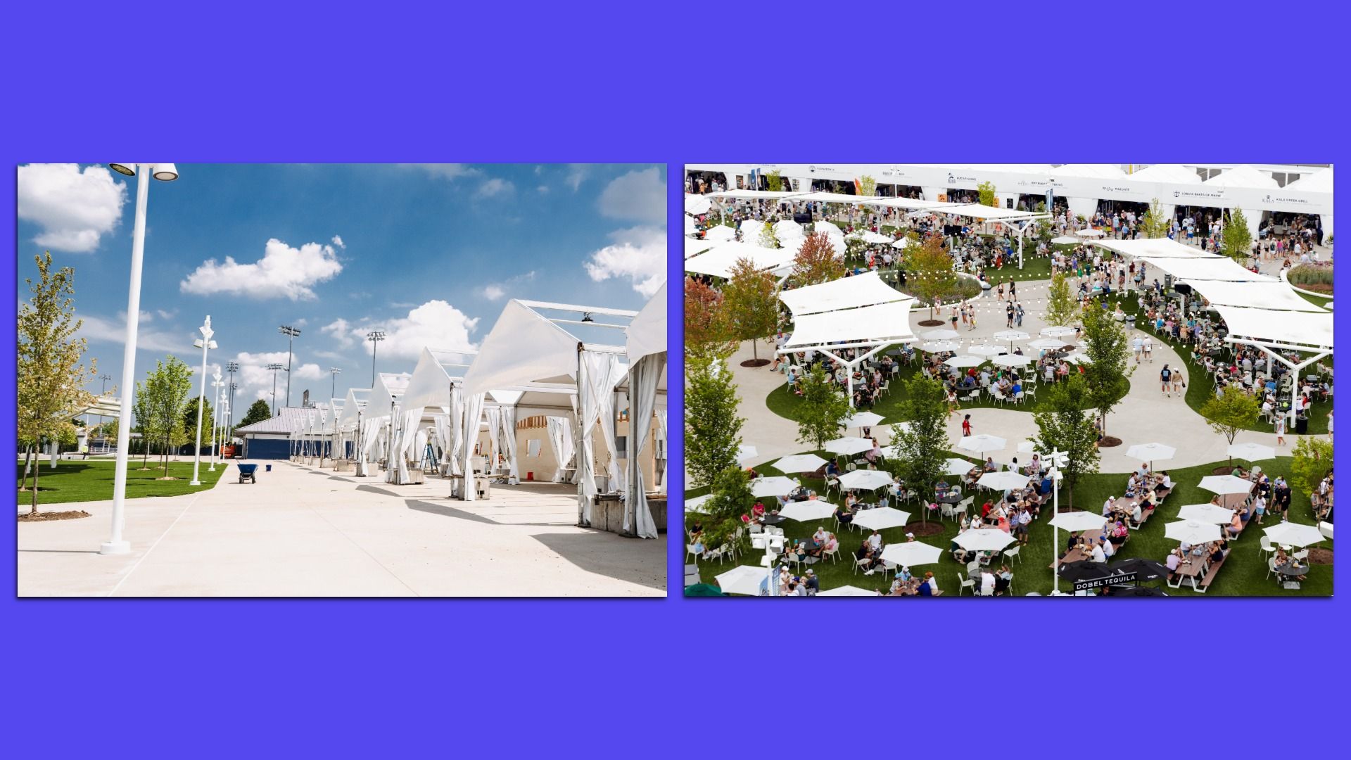 Side-by-side images: left a sunny walkway with white tents, trees, and light poles; right a crowded outdoor festival with many white canopies, tables, umbrellas, and people.