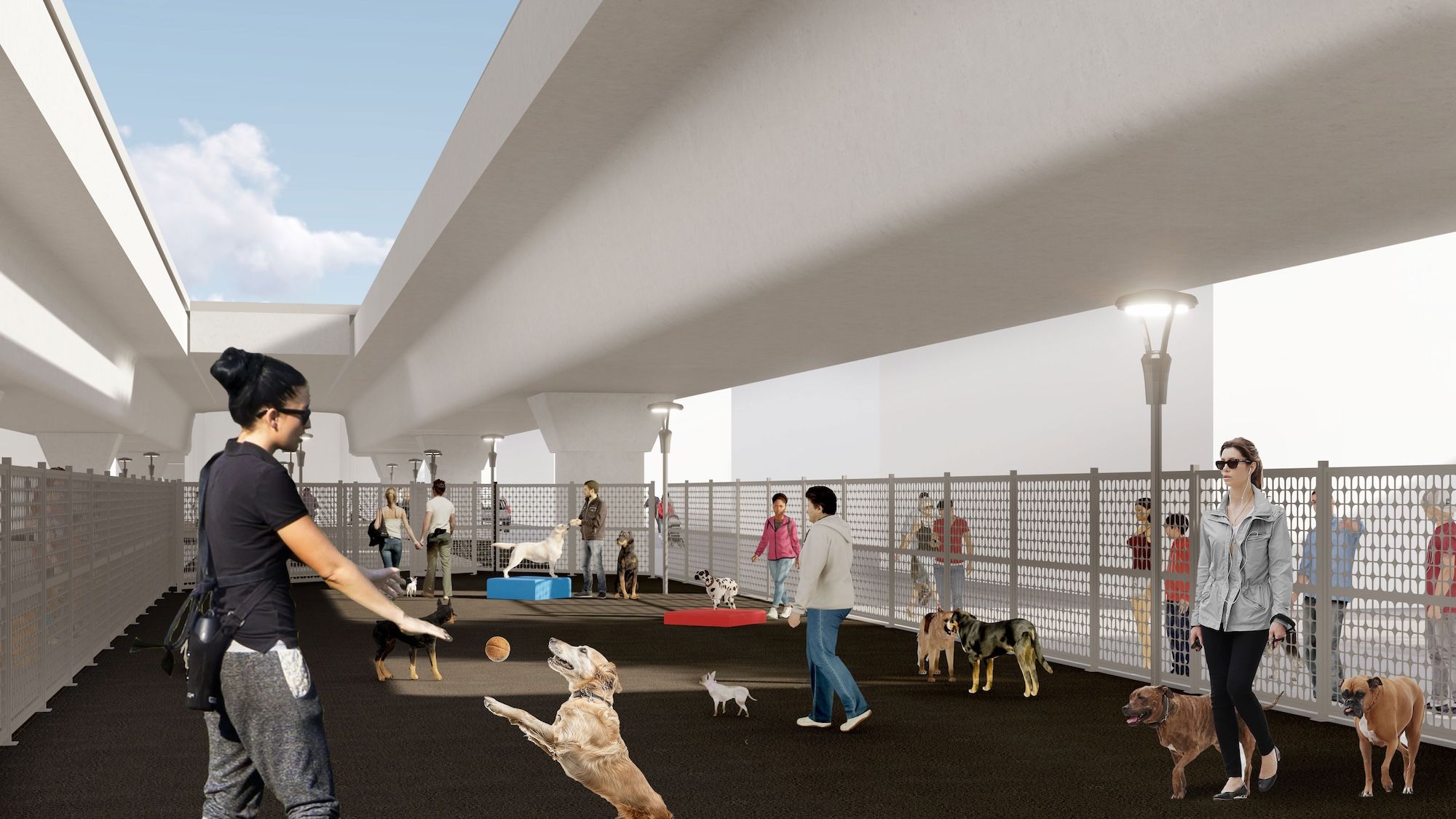 Rendering of people playing with their dogs in a dog park under train tracks.