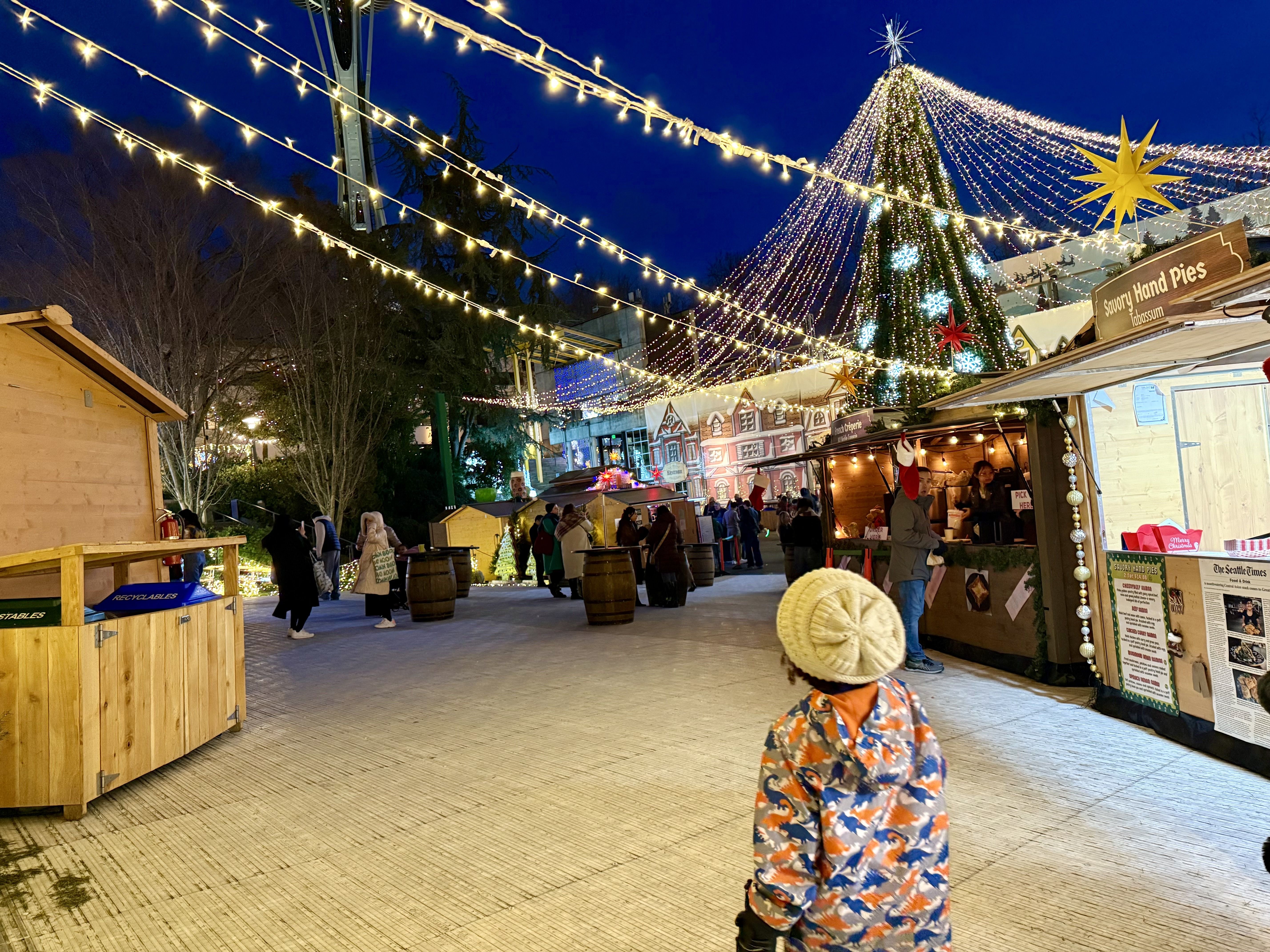 Child in colorful jacket and knit hat at a festive outdoor Christmas market with wooden huts, string lights, and a large decorated tree at night.