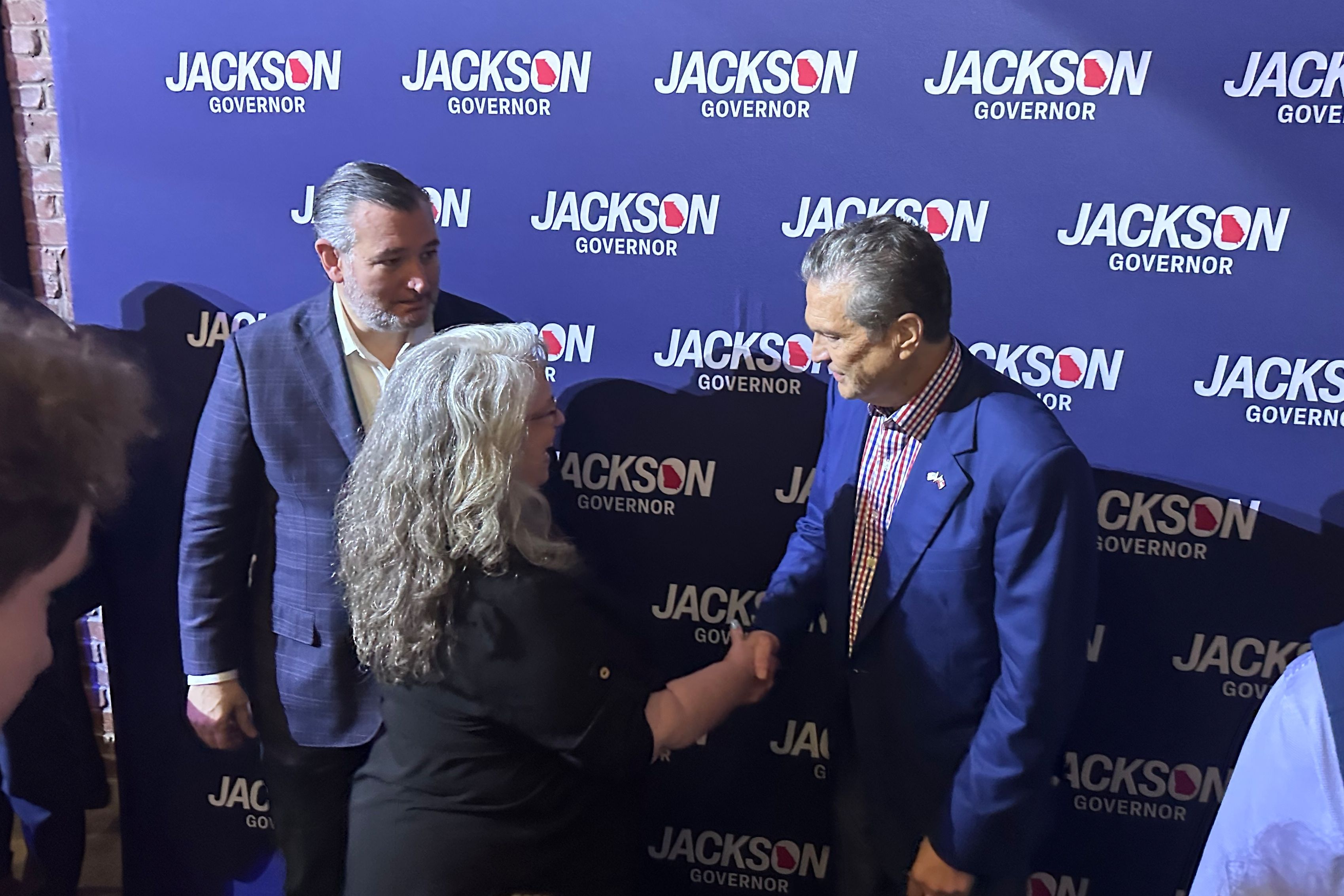 Georgia governor candidate Rick Jackson campaigns with Sen. Ted Cruz, R-Texas, in Alpharetta, Ga., Monday, June 15, 2026, before the runoff against Lt. Gov Burt Jones on June 16. (AP Photo/Bill Barrow)