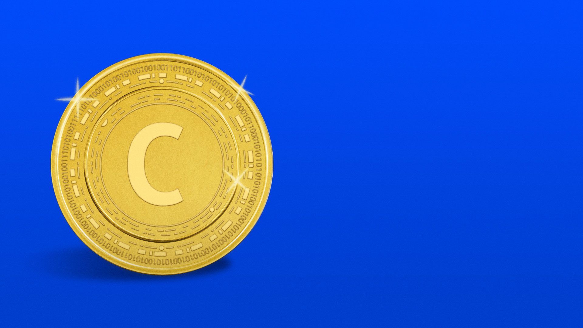 Illustration of a golden glowing cryptocurrency with the Coinbase C