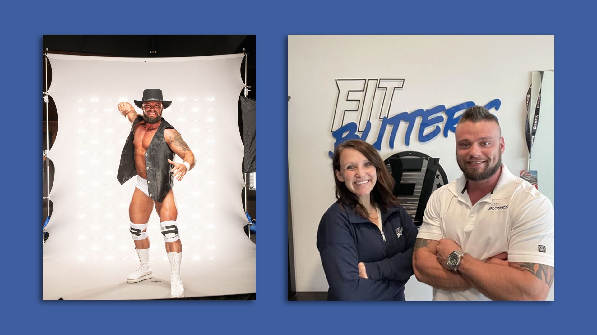 Ryan Bucki dressed as a wrestler on the left, with his wife Danielle on the right 