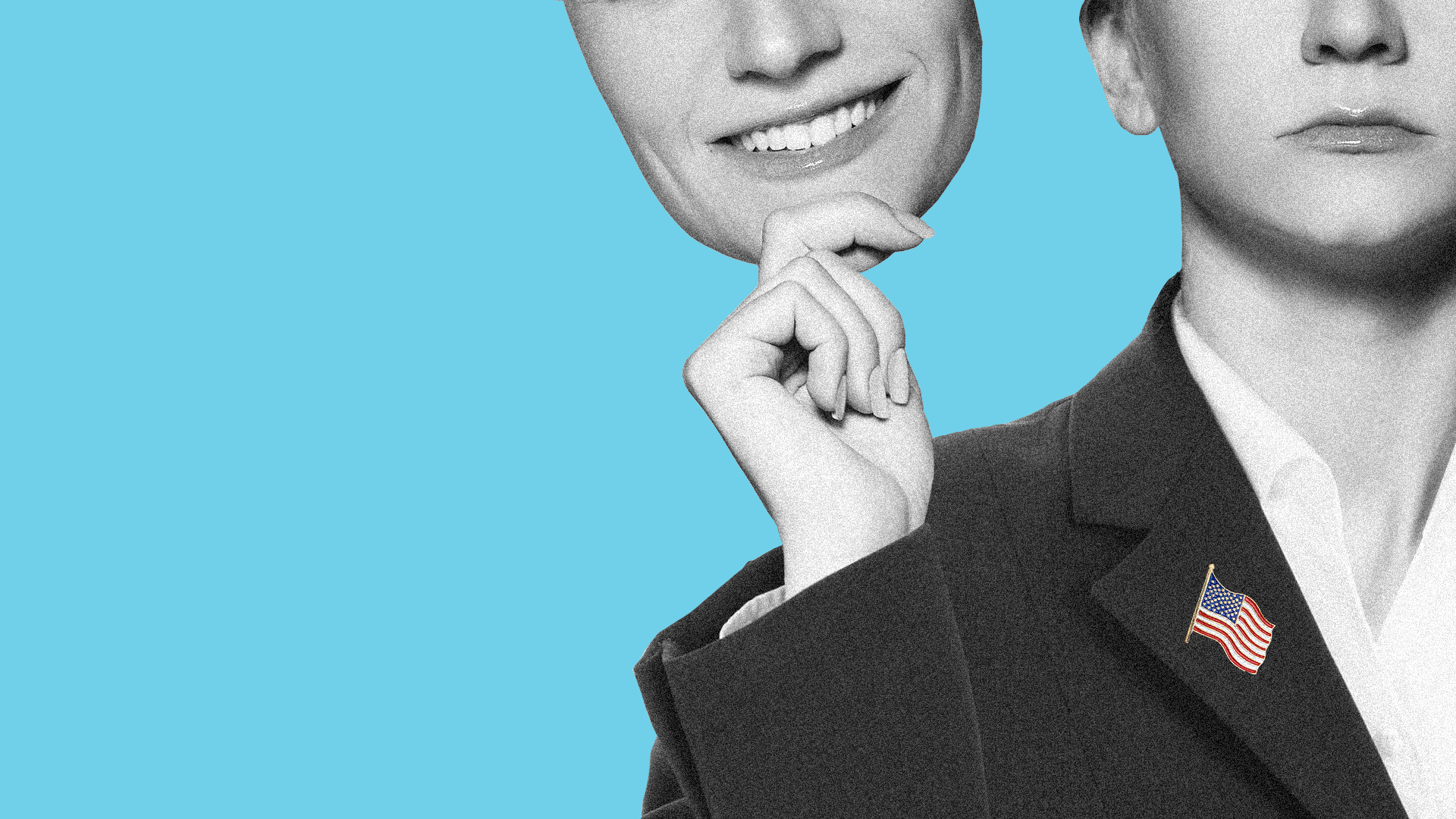 Illustration of a woman removing a smiling face and revealing a stern look