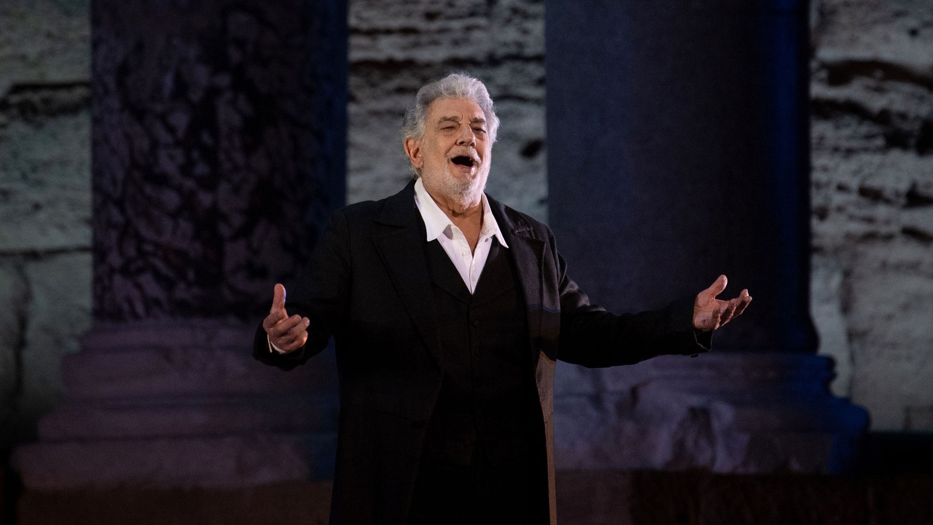 Spanish opera singer Placido Domingo, 78, performs on stage during the dress rehearsal of "Spanish Night" at the 150th Choregie in Orange on 5 July