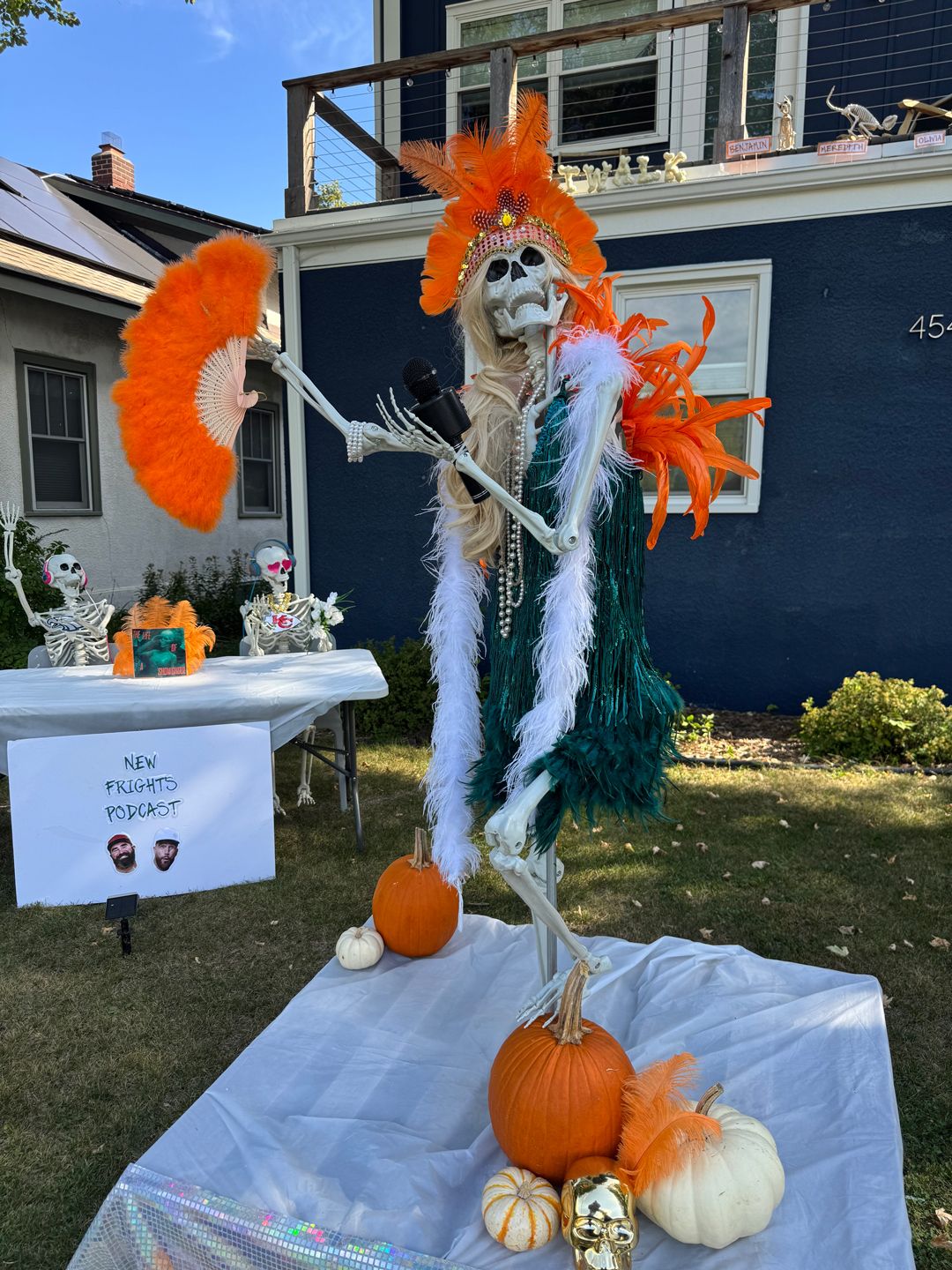 A skeleton covered in a feather boa made to look lie Taylor Swift.