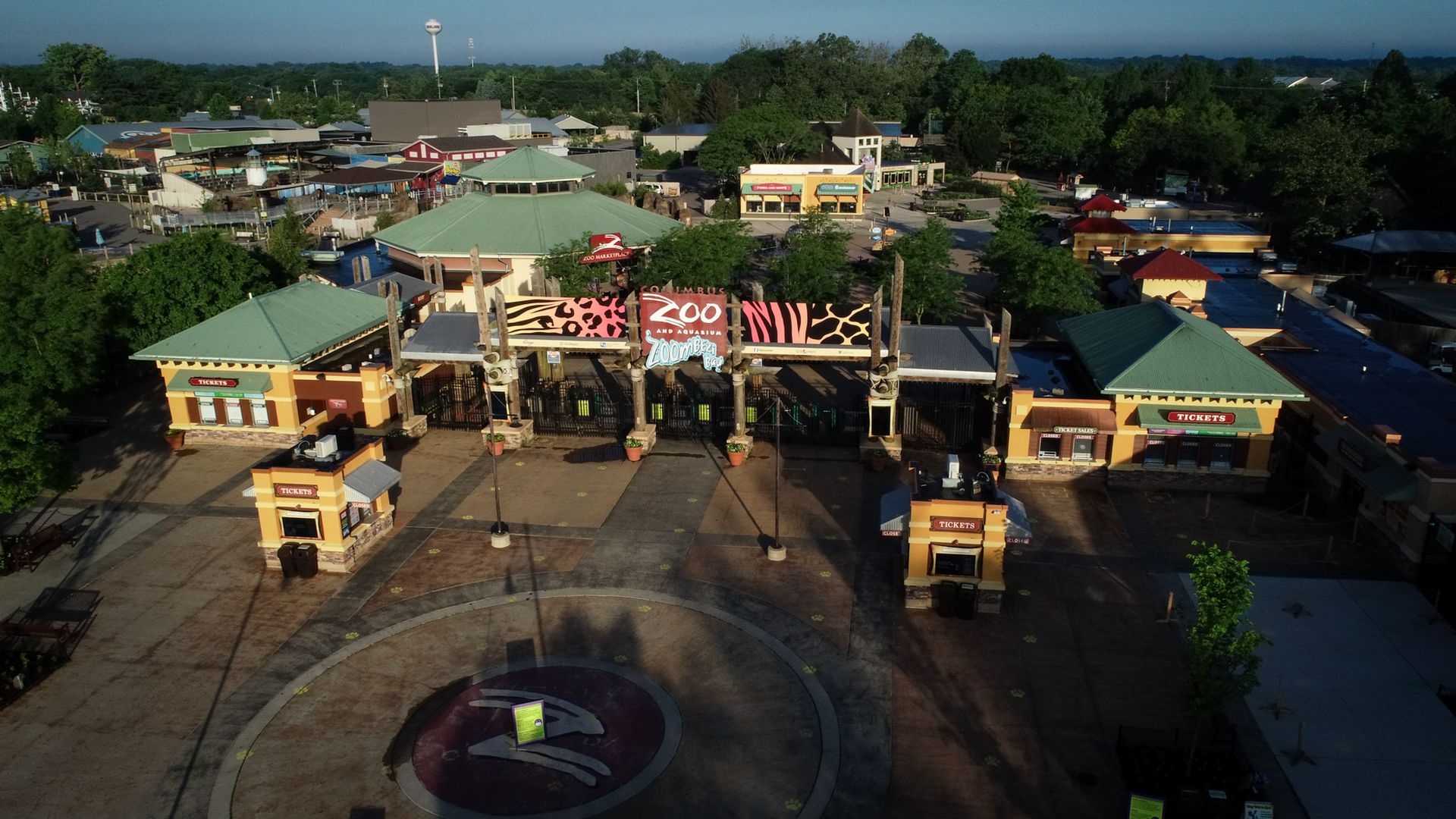 An aerial overview of the Columbus Zoo entrance