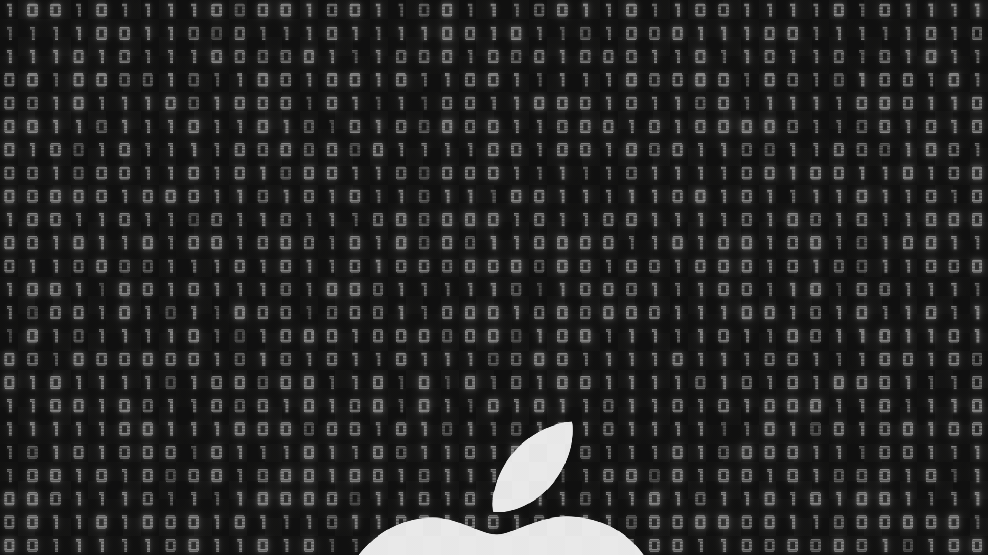 Animated illustration of Apple's logo slowly rising from the bottom of the screen to the middle, against a background of binary numbers.
