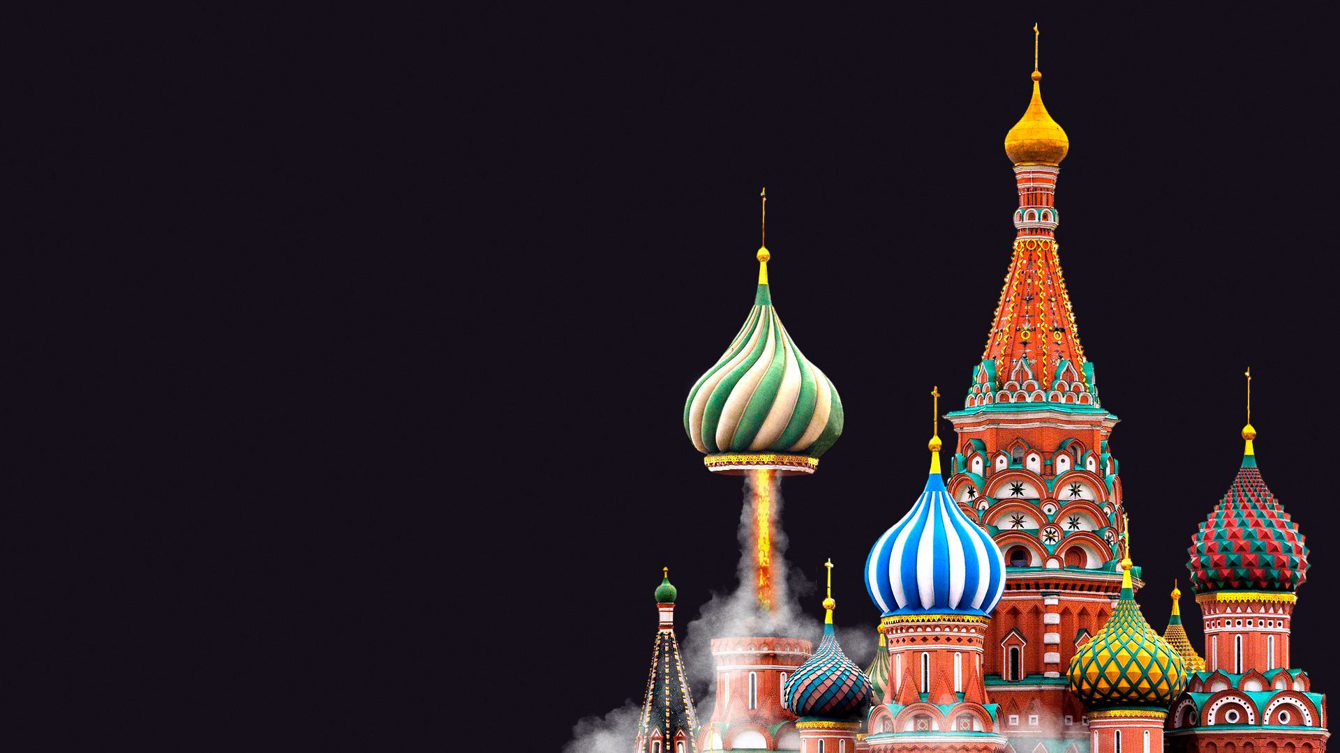 Illustration of St. Basil's Cathedral with one of the dome's launching as if it were a rocket. 