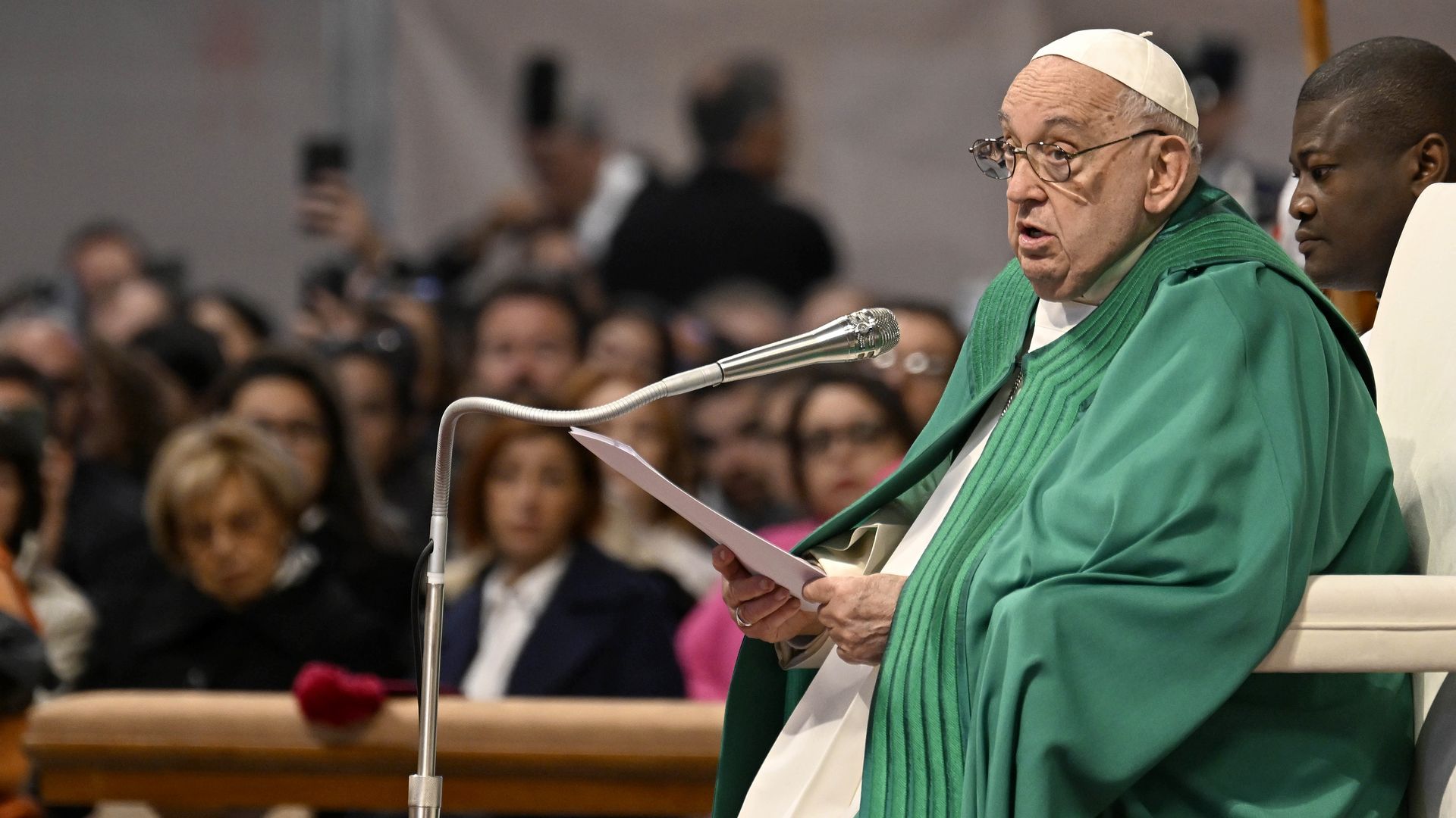 Pope Francis holds his homily during Holy Mass for World Day of the Poor at St. Peter's Basilica on November 17, 2024 in Vatican City,