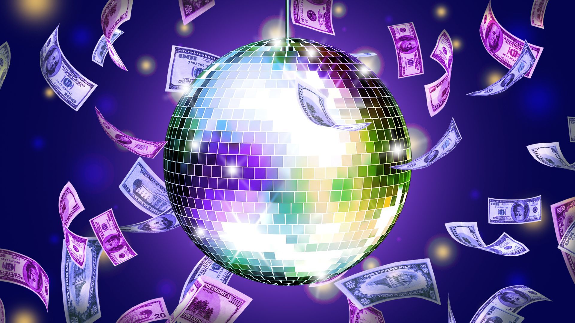 Illustration of a disco ball with money falling around it like confetti 